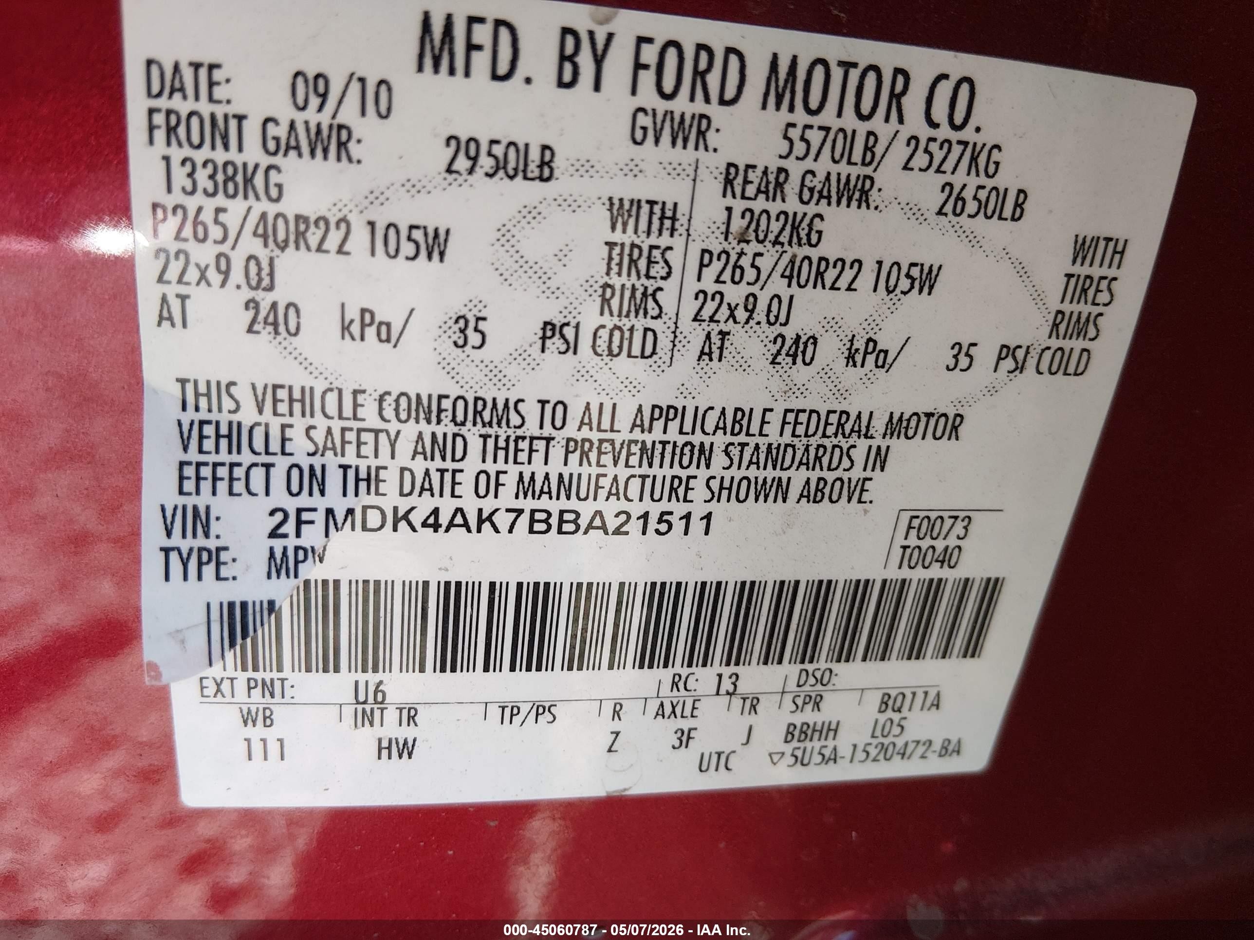2011 Ford Edge Sport Red vin: 2FMDK4AK7BBA21511