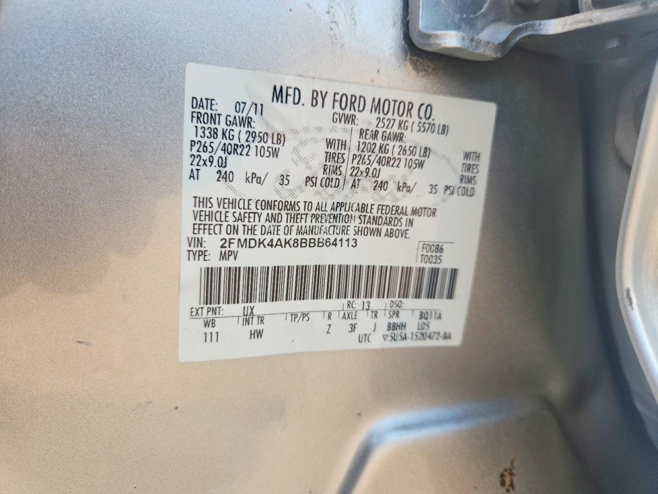 2011 Ford Edge Sport Silver vin: 2FMDK4AK8BBB64113