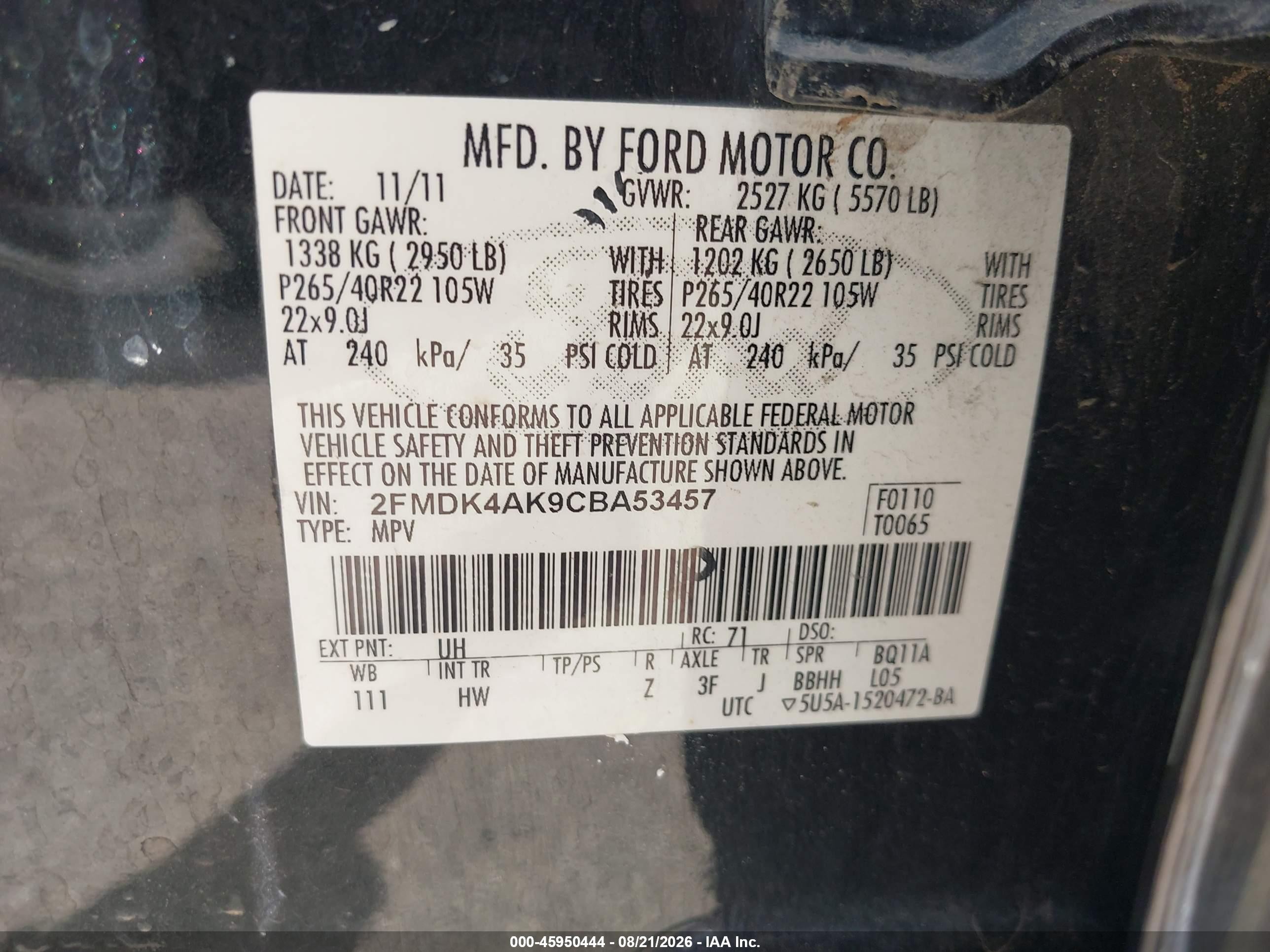 2012 Ford Edge Sport Черный vin: 2FMDK4AK9CBA53457