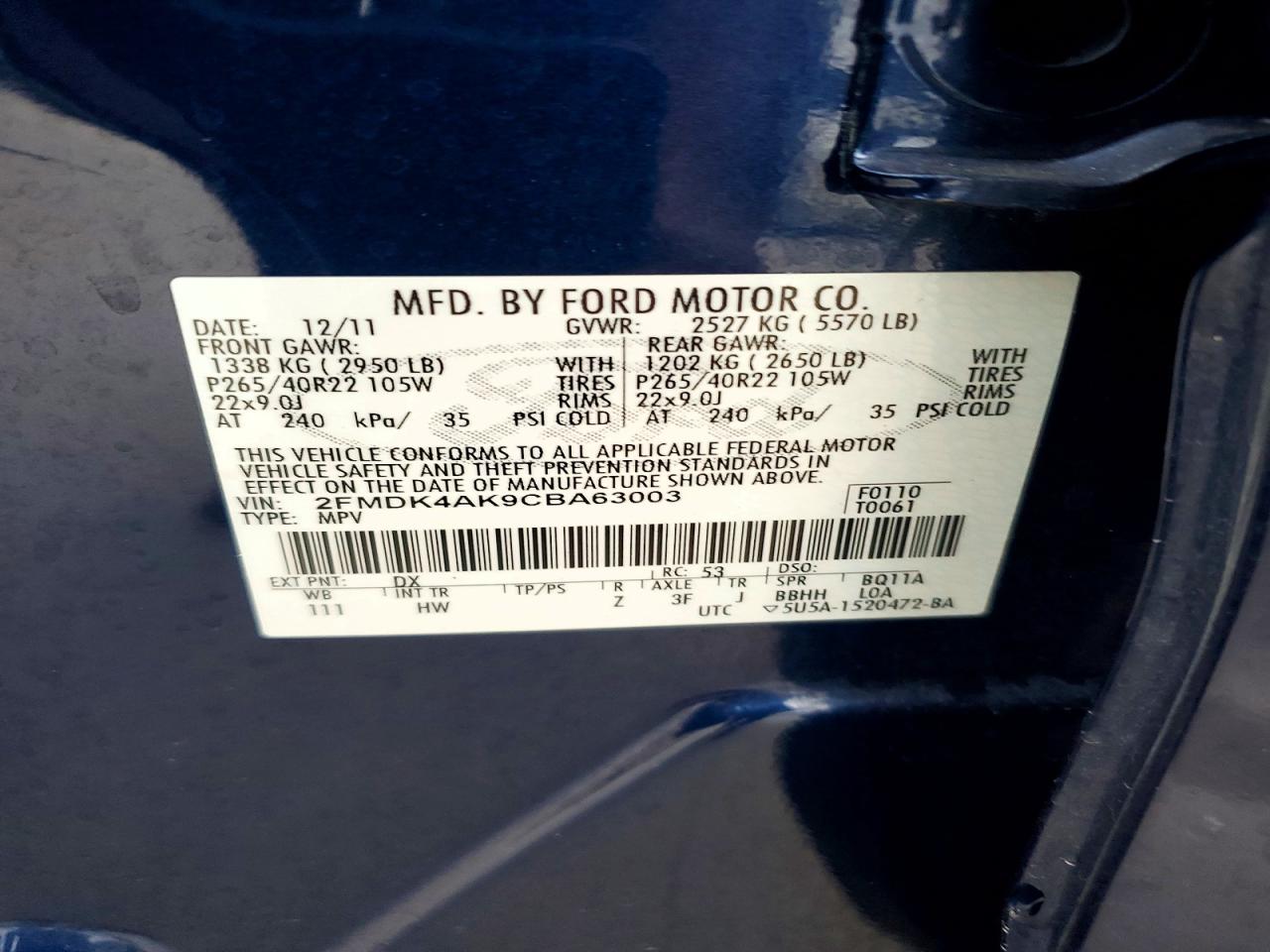 2012 Ford Edge Sport Blue vin: 2FMDK4AK9CBA63003
