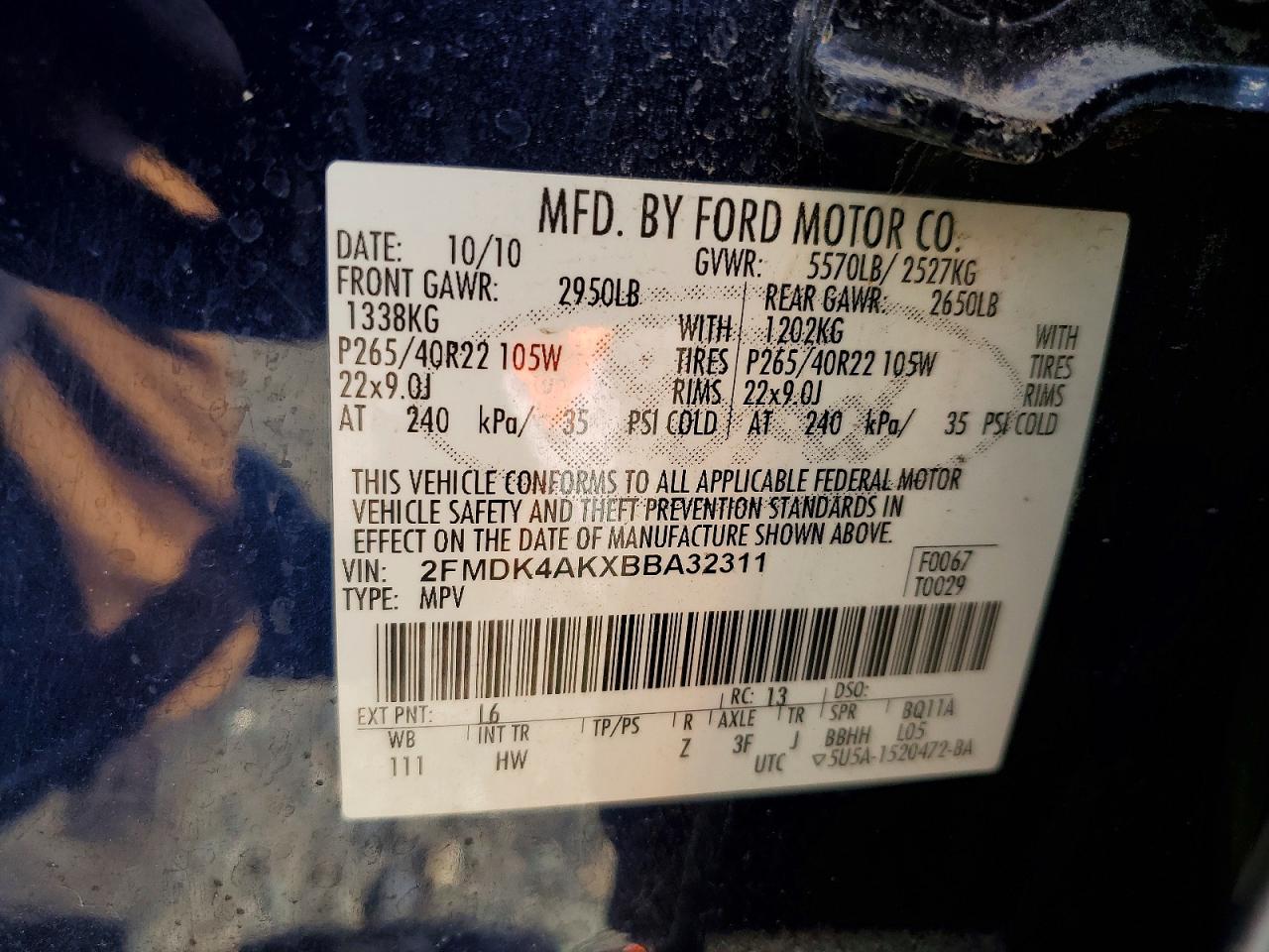2011 Ford Edge Sport Blue vin: 2FMDK4AKXBBA32311