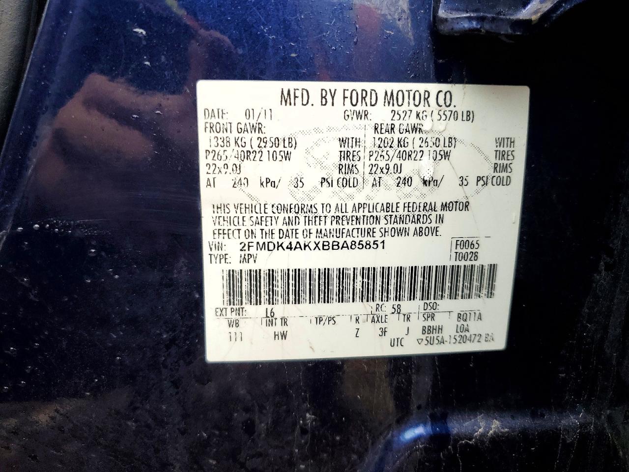 2011 Ford Edge Sport Blue vin: 2FMDK4AKXBBA85851
