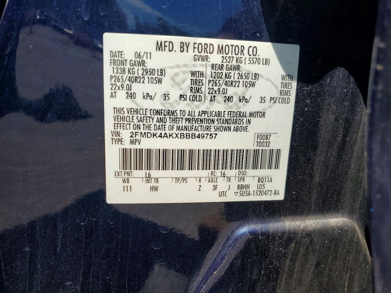 2011 Ford Edge Sport Blue vin: 2FMDK4AKXBBB49757