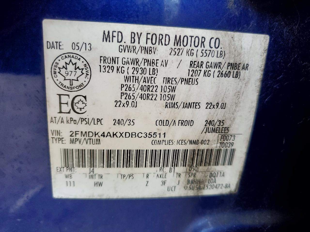 2013 Ford Edge Sport Blue vin: 2FMDK4AKXDBC35511
