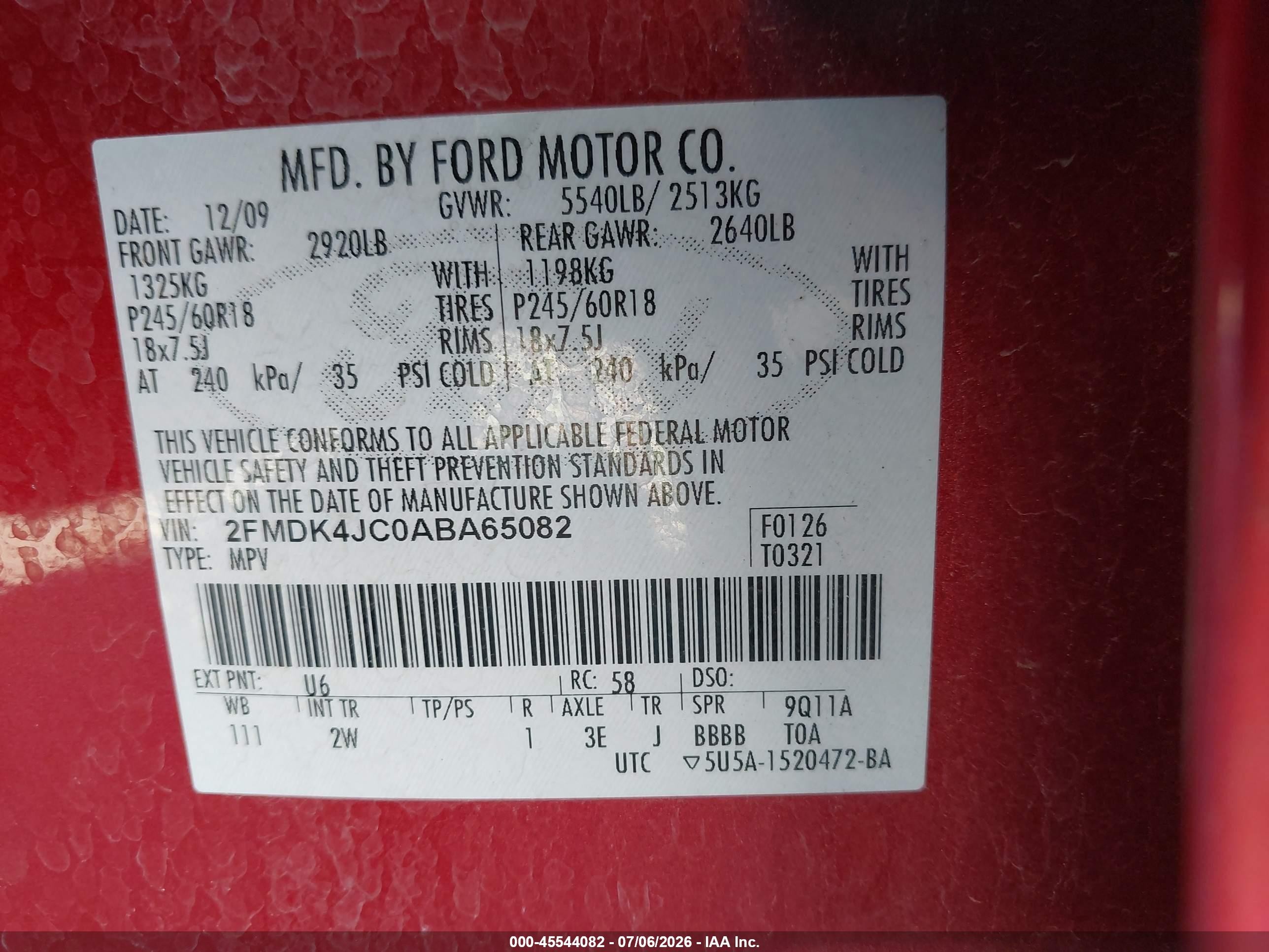 2010 Ford Edge Sel Red vin: 2FMDK4JC0ABA65082