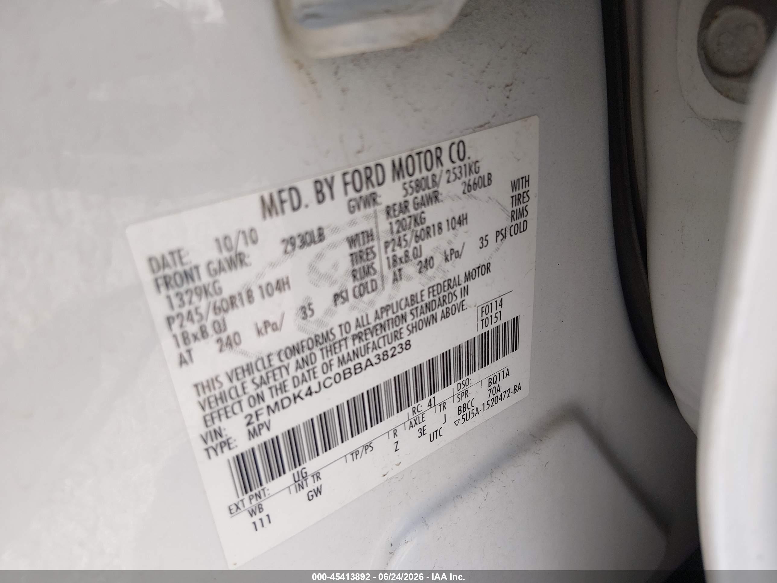 2011 Ford Edge Sel White vin: 2FMDK4JC0BBA38238