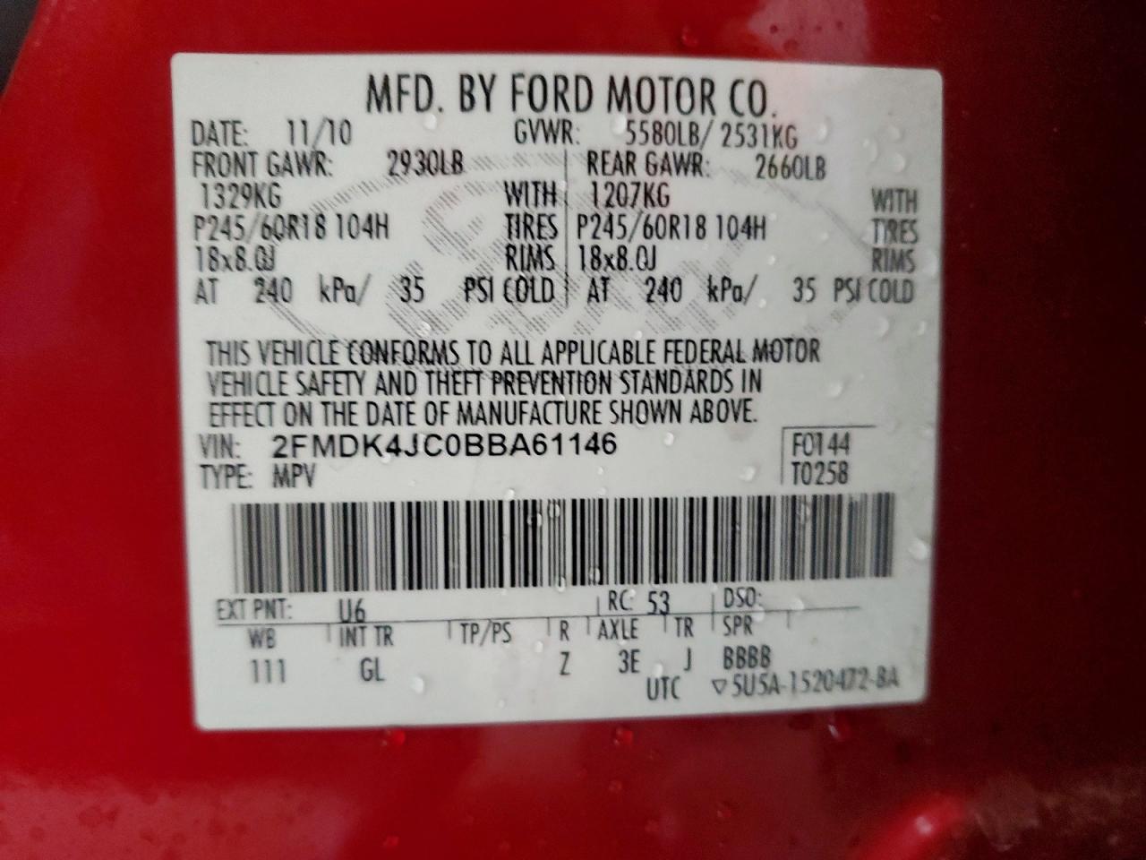 2011 Ford Edge Sel Red vin: 2FMDK4JC0BBA61146