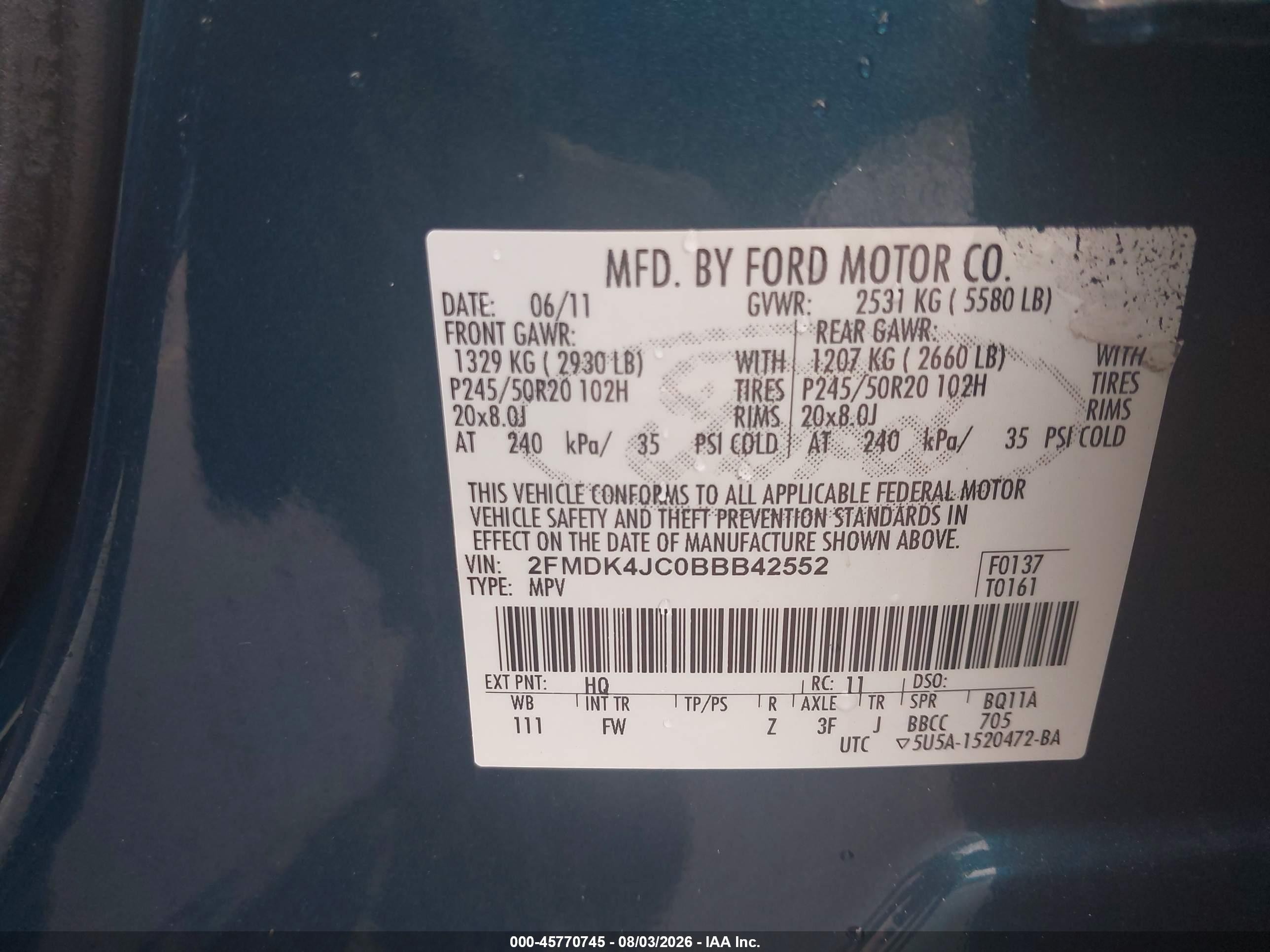 2011 Ford Edge Sel Blue vin: 2FMDK4JC0BBB42552