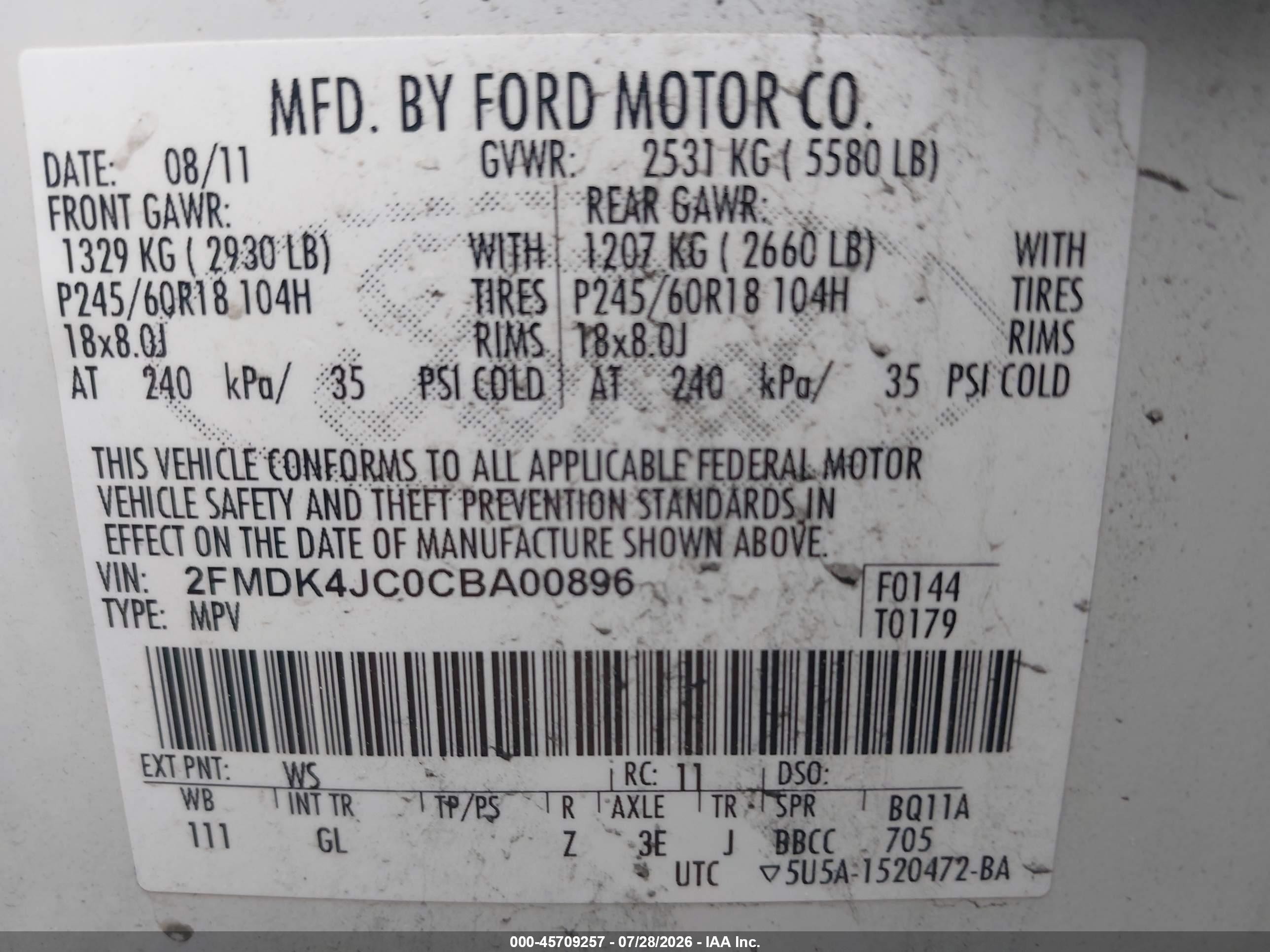2012 Ford Edge Sel White vin: 2FMDK4JC0CBA00896