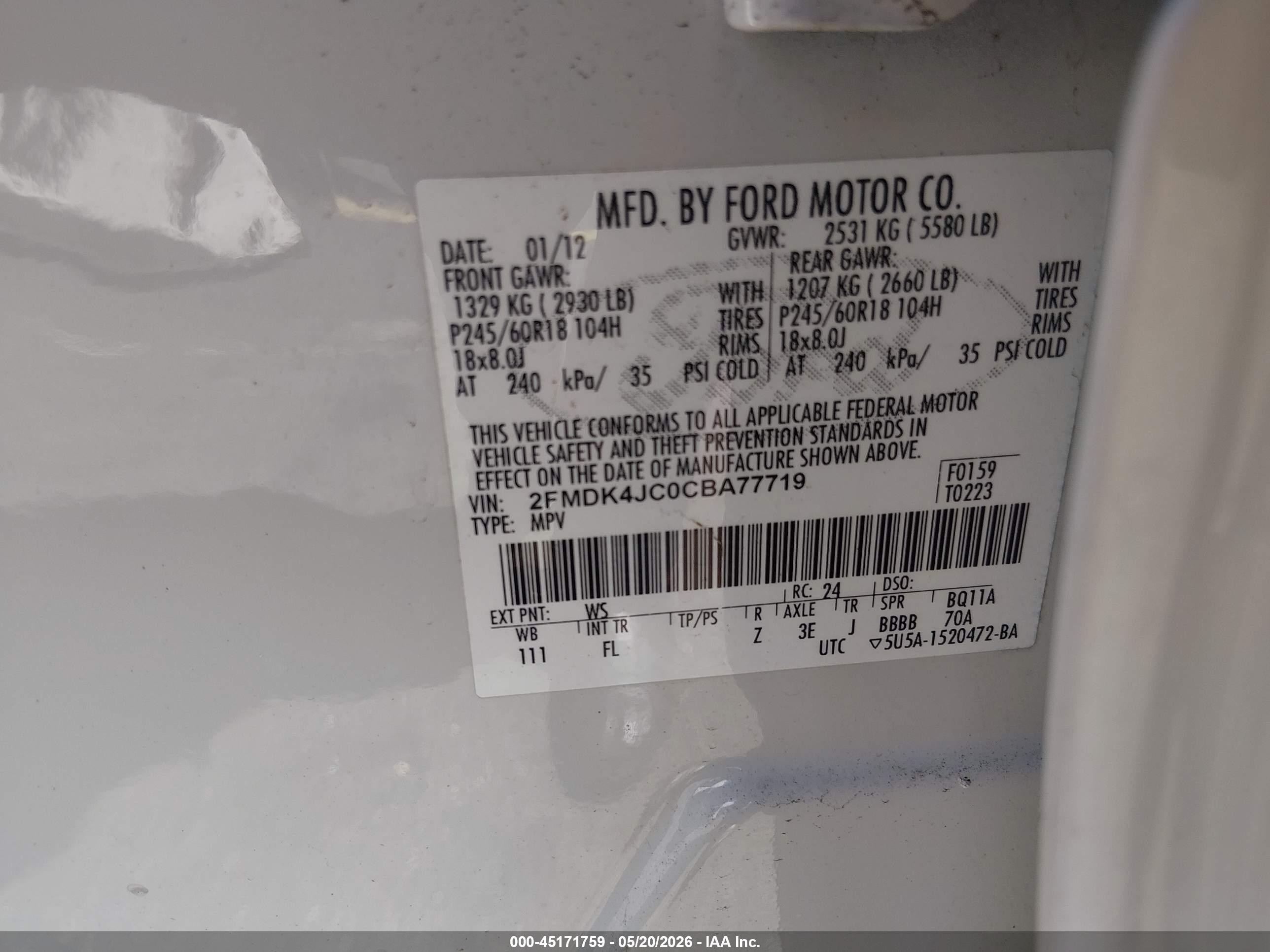 2012 Ford Edge Sel White vin: 2FMDK4JC0CBA77719