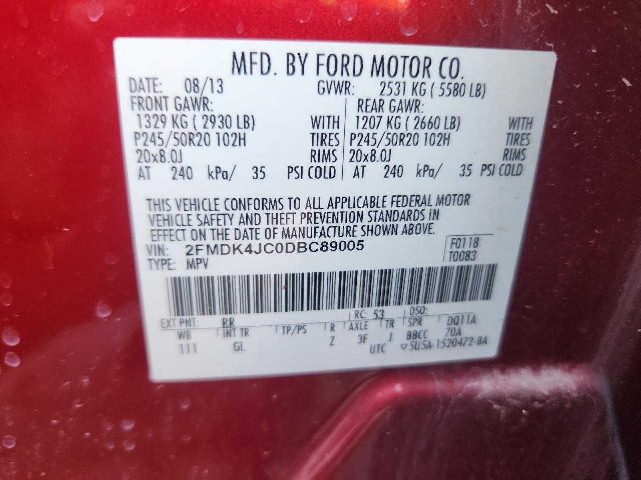 2013 Ford Edge Sel Red vin: 2FMDK4JC0DBC89005