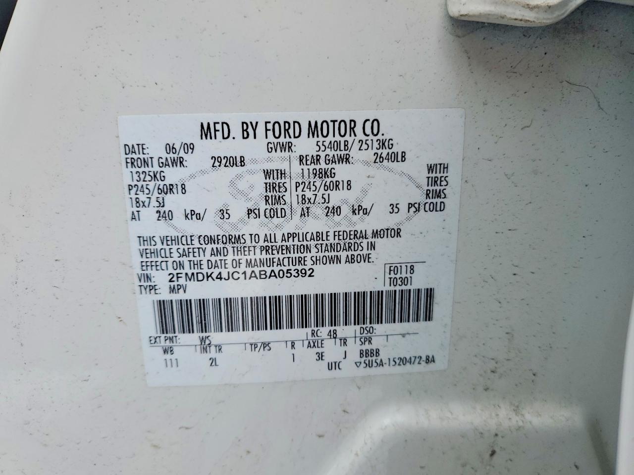 2010 Ford Edge Sel White vin: 2FMDK4JC1ABA05392
