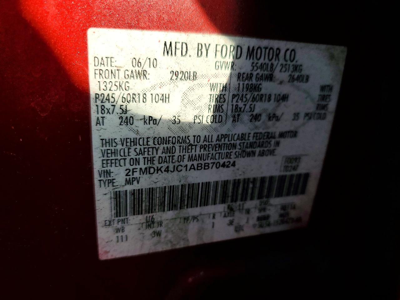 2010 Ford Edge Sel Red vin: 2FMDK4JC1ABB70424