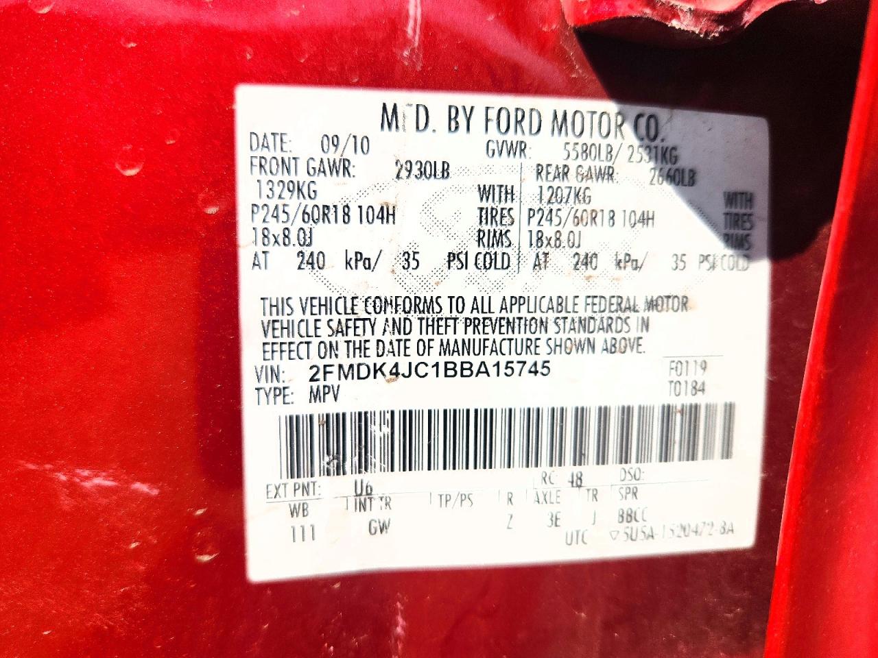 2011 Ford Edge Sel Red vin: 2FMDK4JC1BBA15745