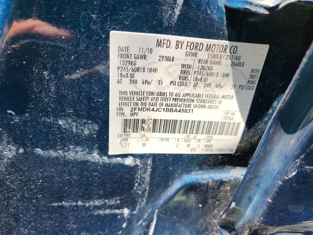 2011 Ford Edge Sel Teal vin: 2FMDK4JC1BBA45831