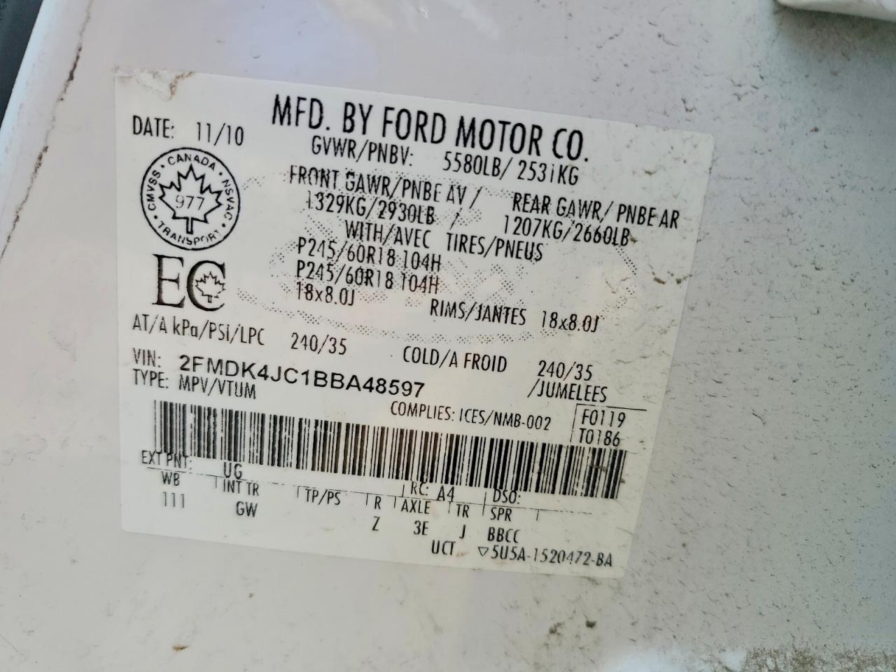 2011 Ford Edge Sel White vin: 2FMDK4JC1BBA48597