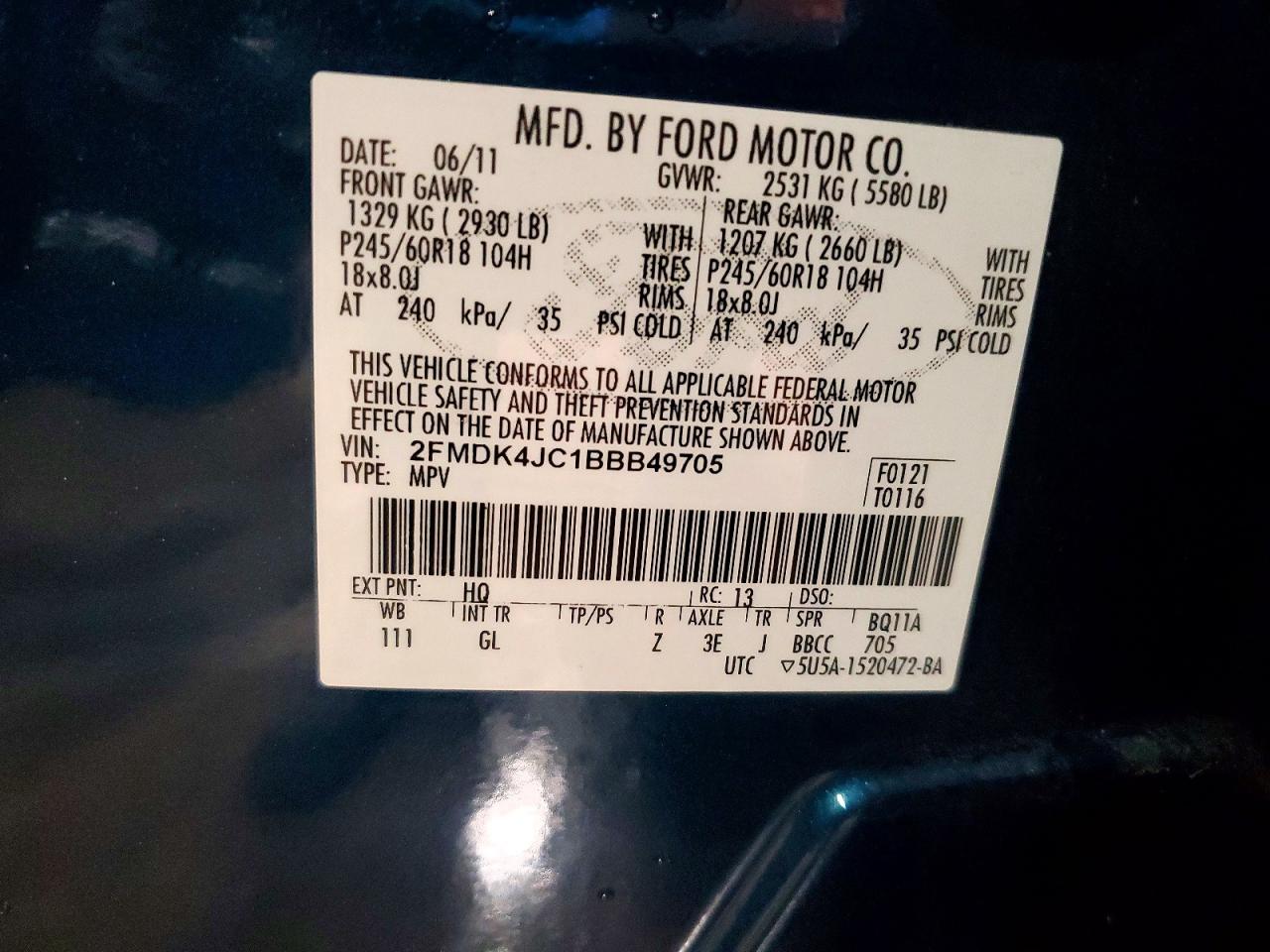 2011 Ford Edge Sel Teal vin: 2FMDK4JC1BBB49705