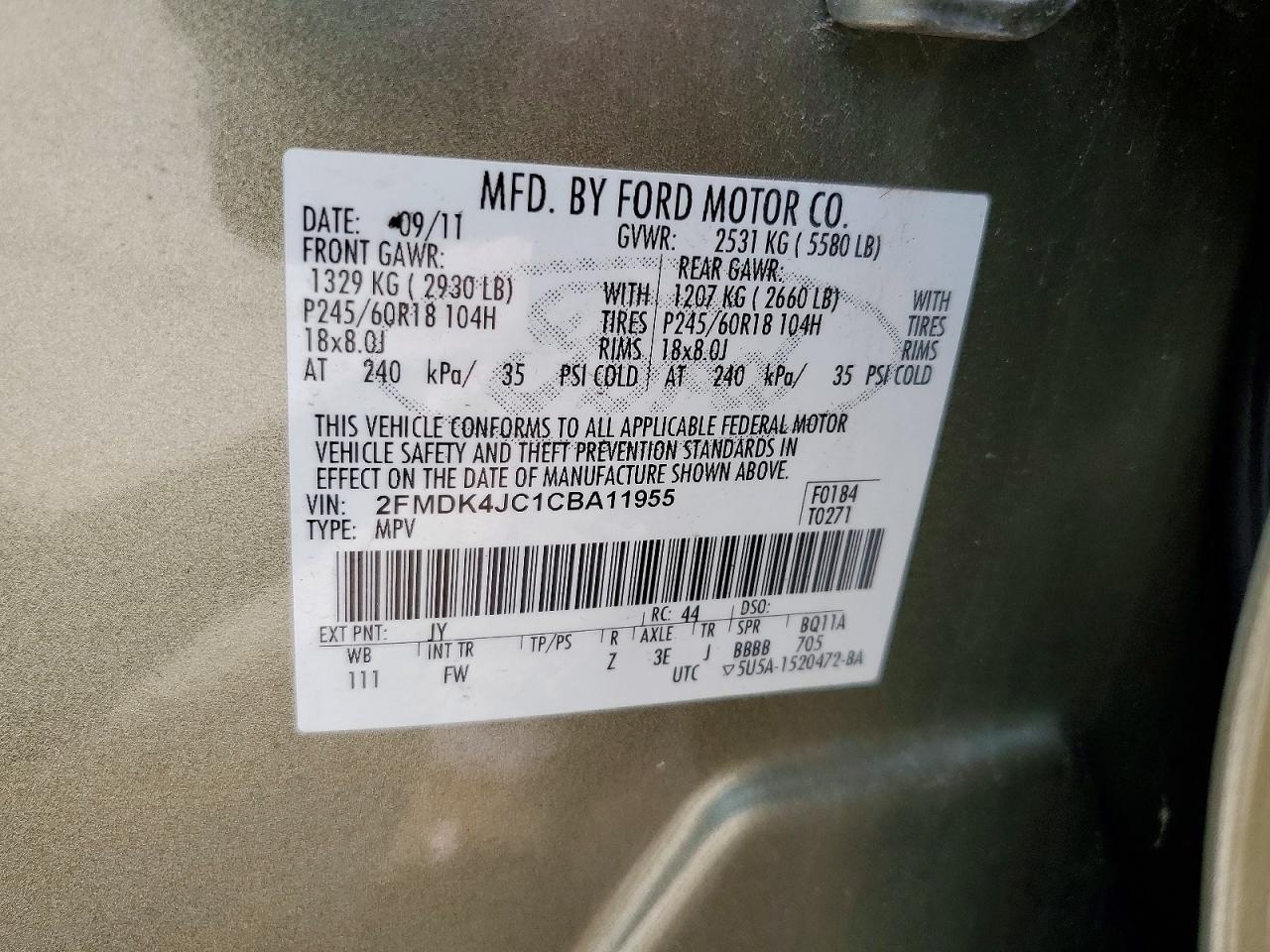 2012 Ford Edge Sel Green vin: 2FMDK4JC1CBA11955