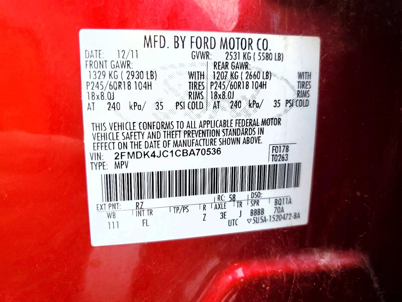 2012 Ford Edge Sel Red vin: 2FMDK4JC1CBA70536