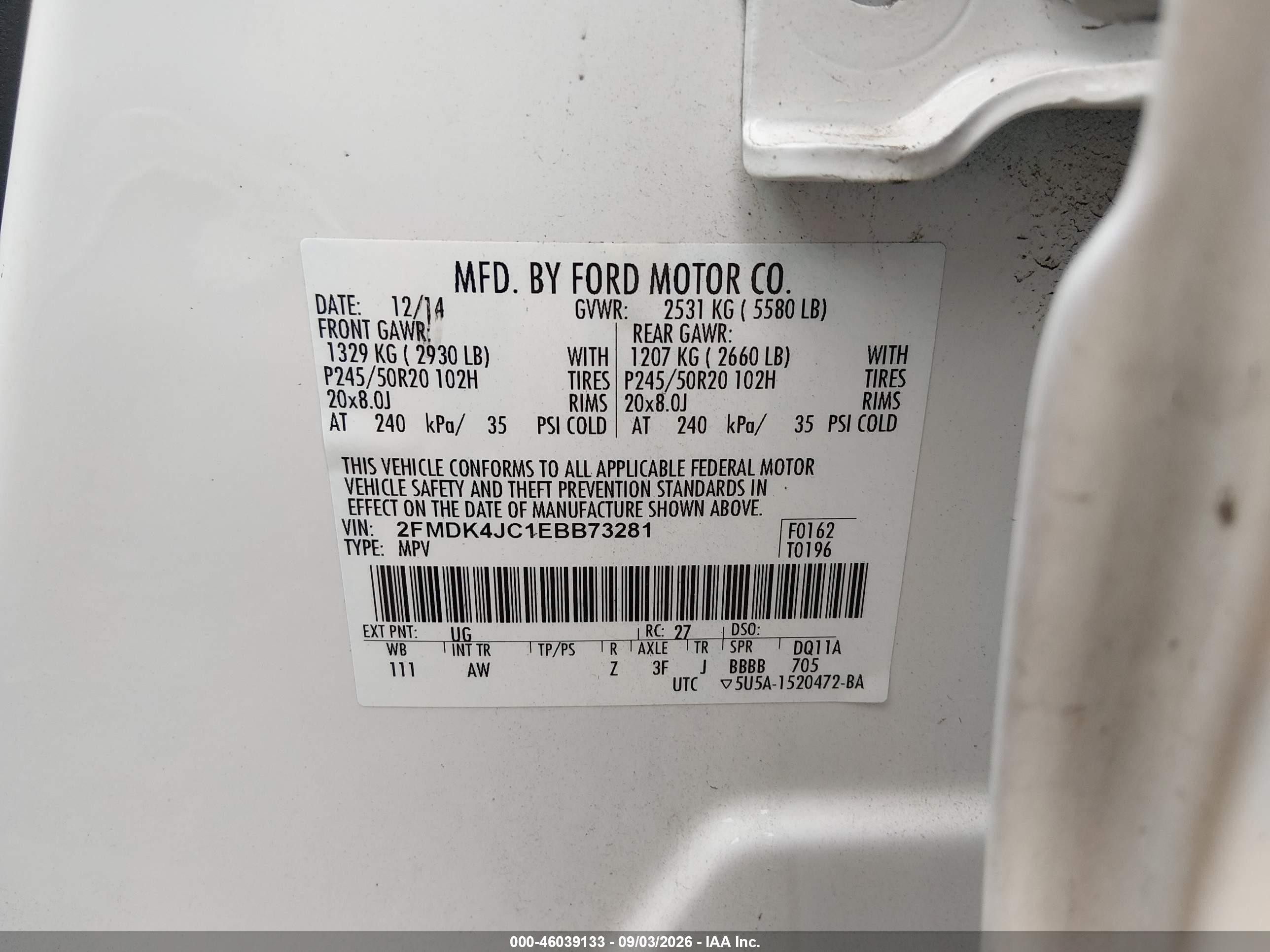 2014 Ford Edge Sel Белый vin: 2FMDK4JC1EBB73281