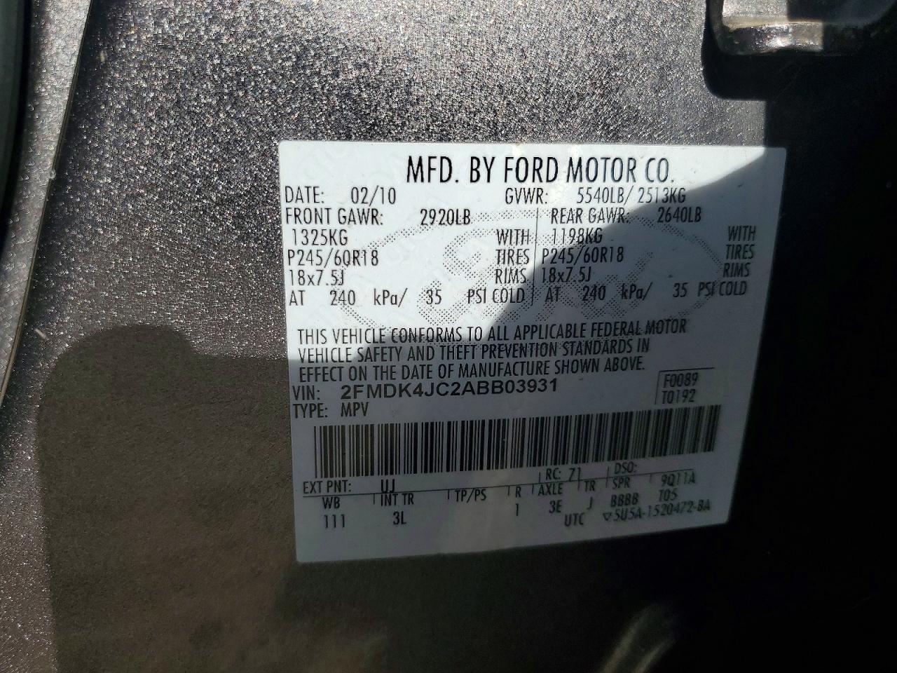 2010 Ford Edge Sel Gray vin: 2FMDK4JC2ABB03931