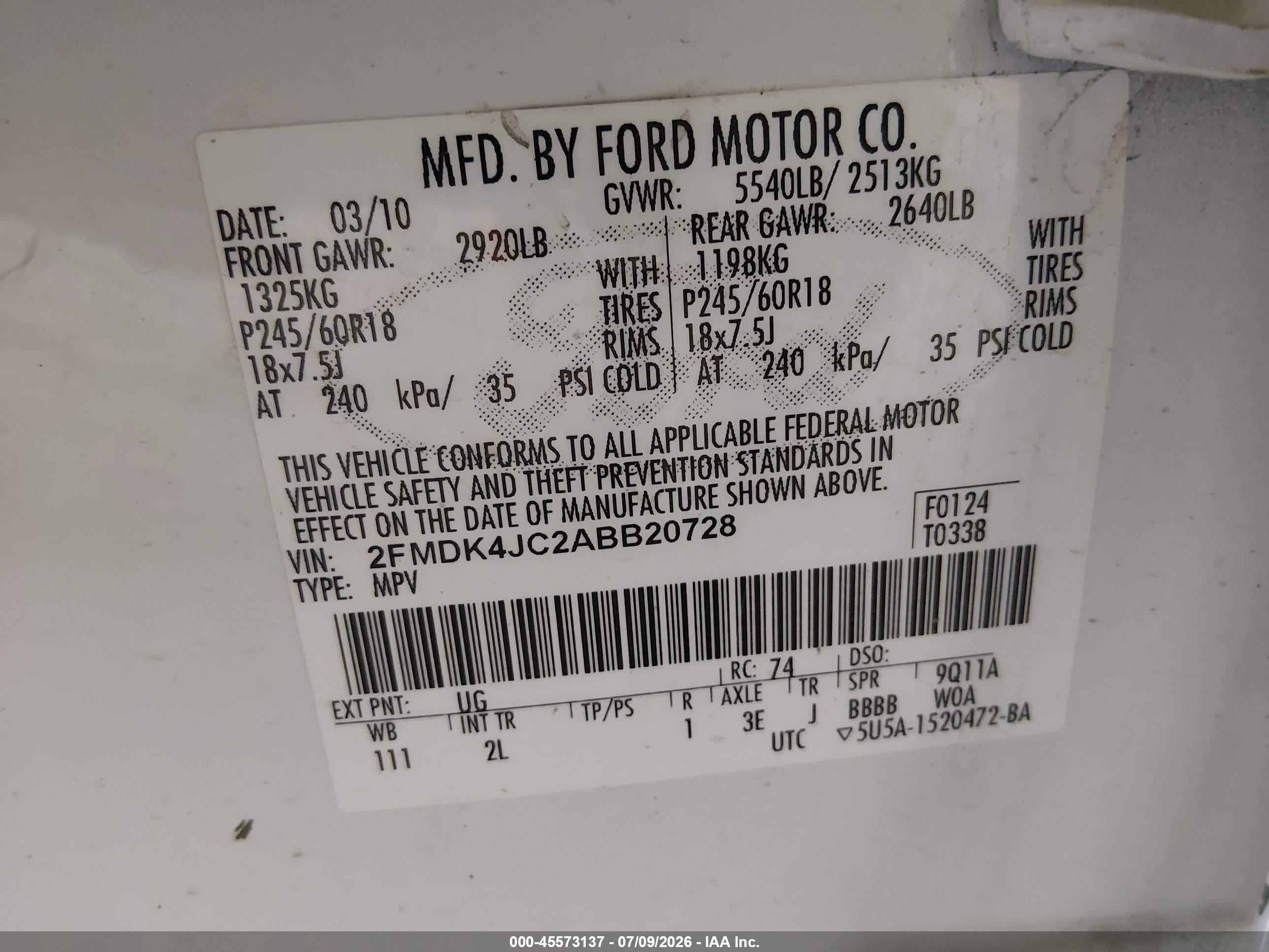 2010 Ford Edge Sel White vin: 2FMDK4JC2ABB20728