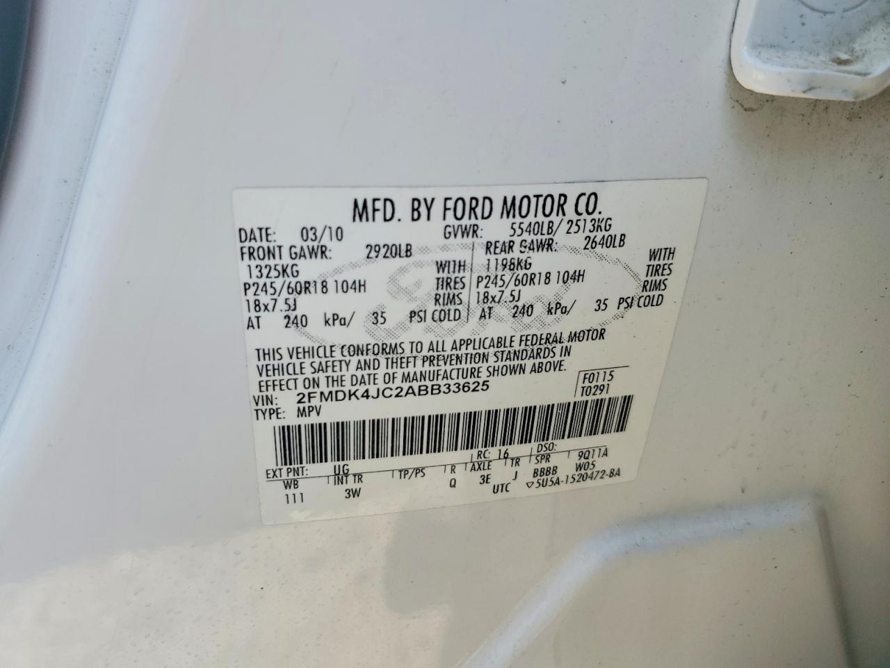 2010 Ford Edge Sel White vin: 2FMDK4JC2ABB33625