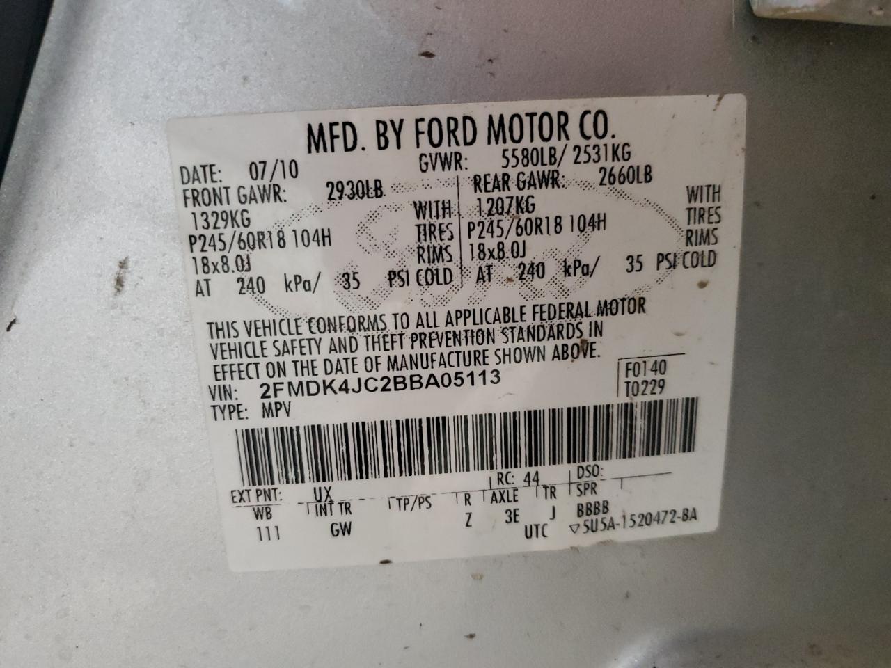 2011 Ford Edge Sel Silver vin: 2FMDK4JC2BBA05113