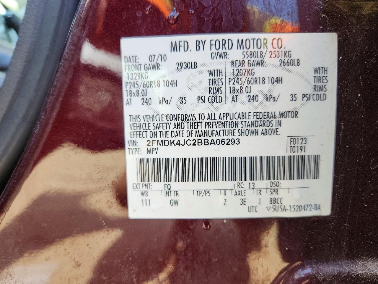 2011 Ford Edge Sel Burgundy vin: 2FMDK4JC2BBA06293