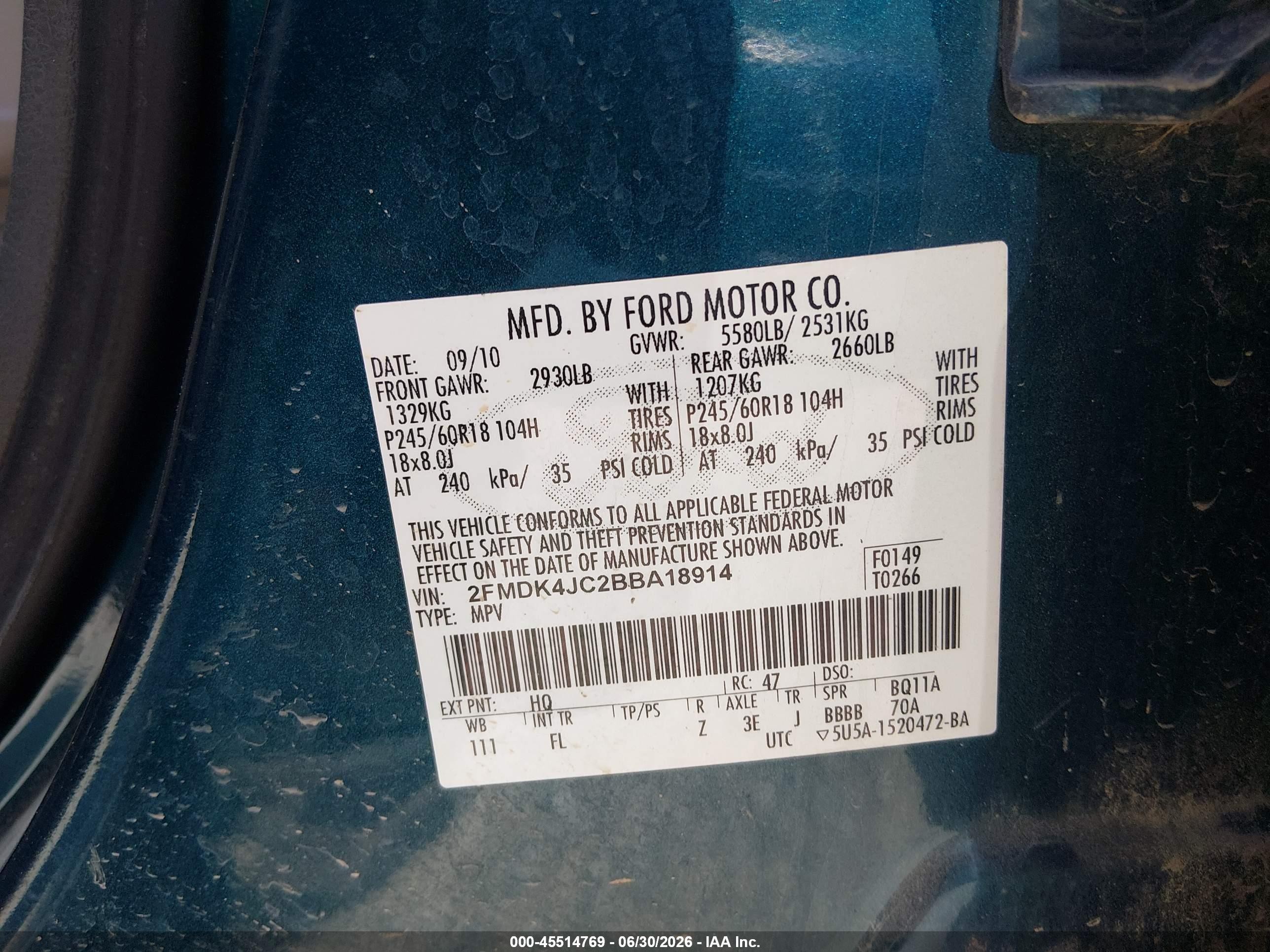 2011 Ford Edge Sel Turquoise vin: 2FMDK4JC2BBA18914