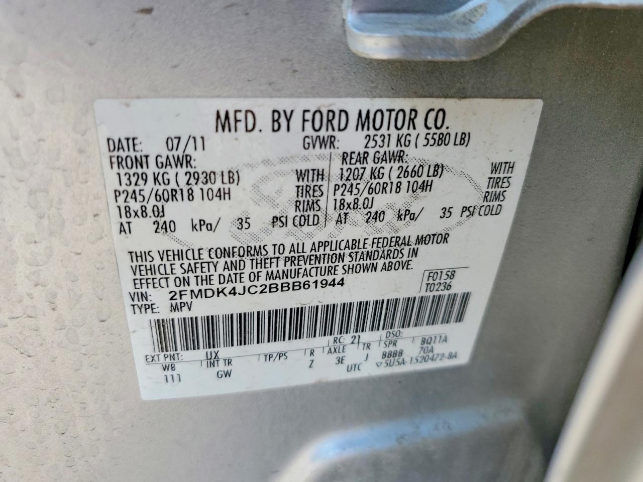 2011 Ford Edge Sel Серебряный vin: 2FMDK4JC2BBB61944