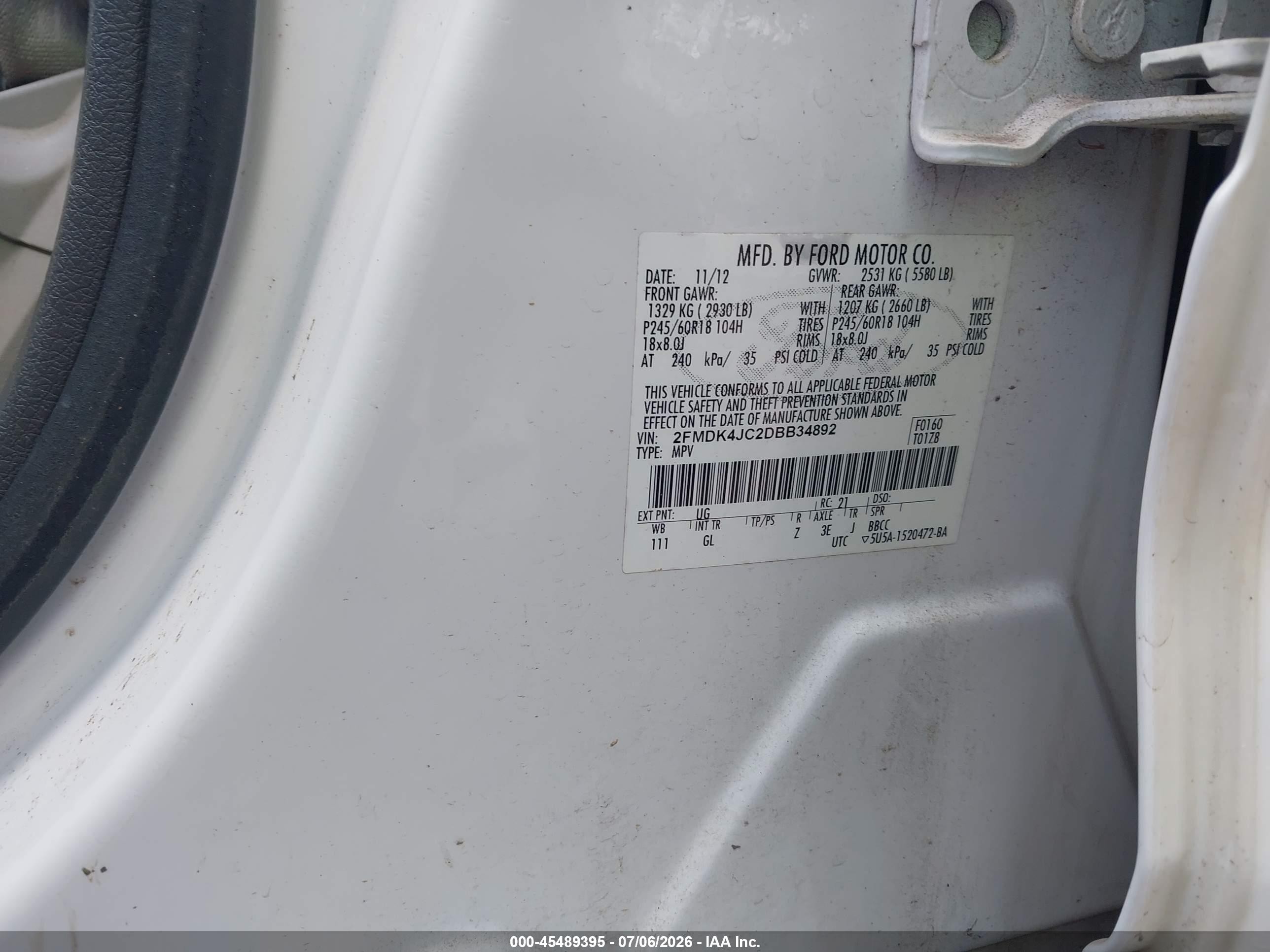 2013 Ford Edge Sel White vin: 2FMDK4JC2DBB34892
