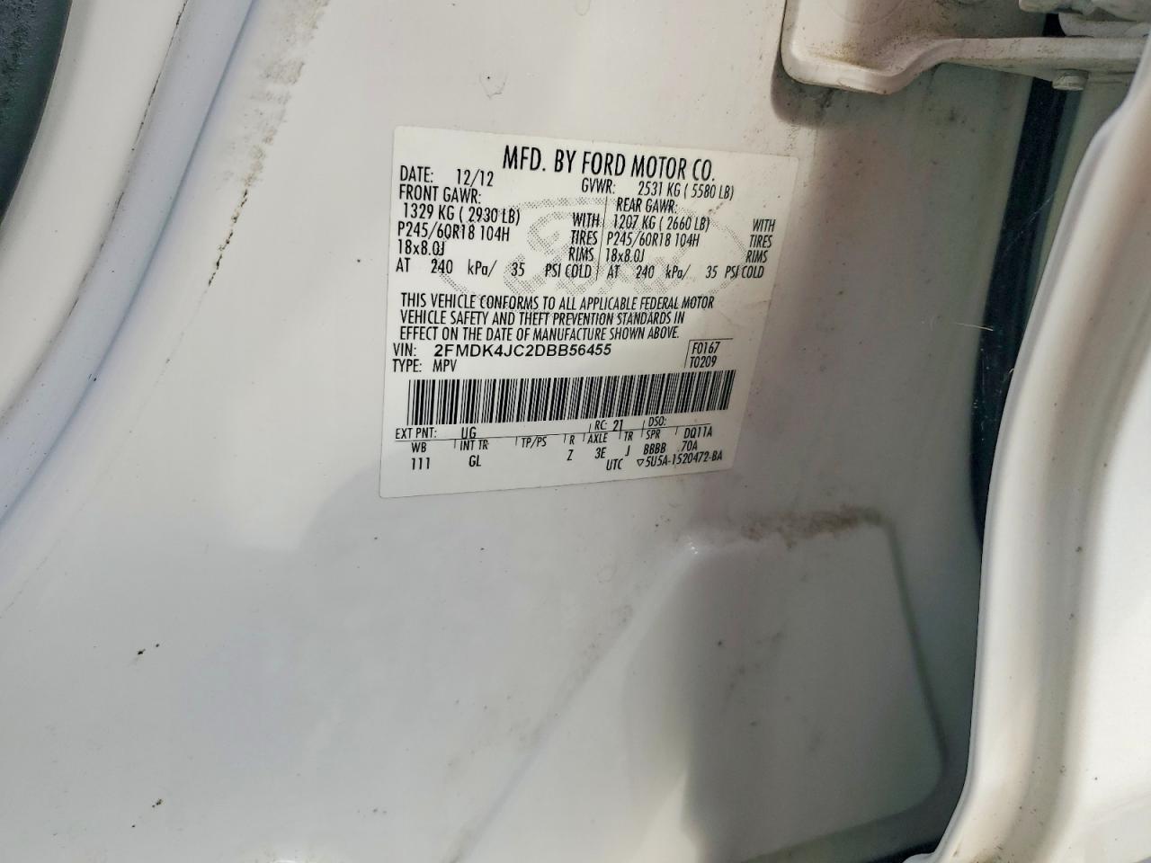 2013 Ford Edge Sel White vin: 2FMDK4JC2DBB56455