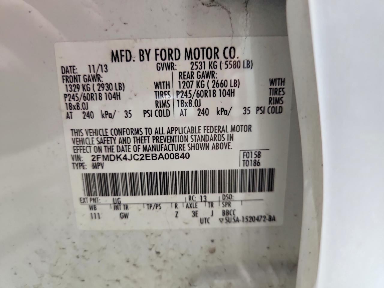 2014 Ford Edge Sel White vin: 2FMDK4JC2EBA00840