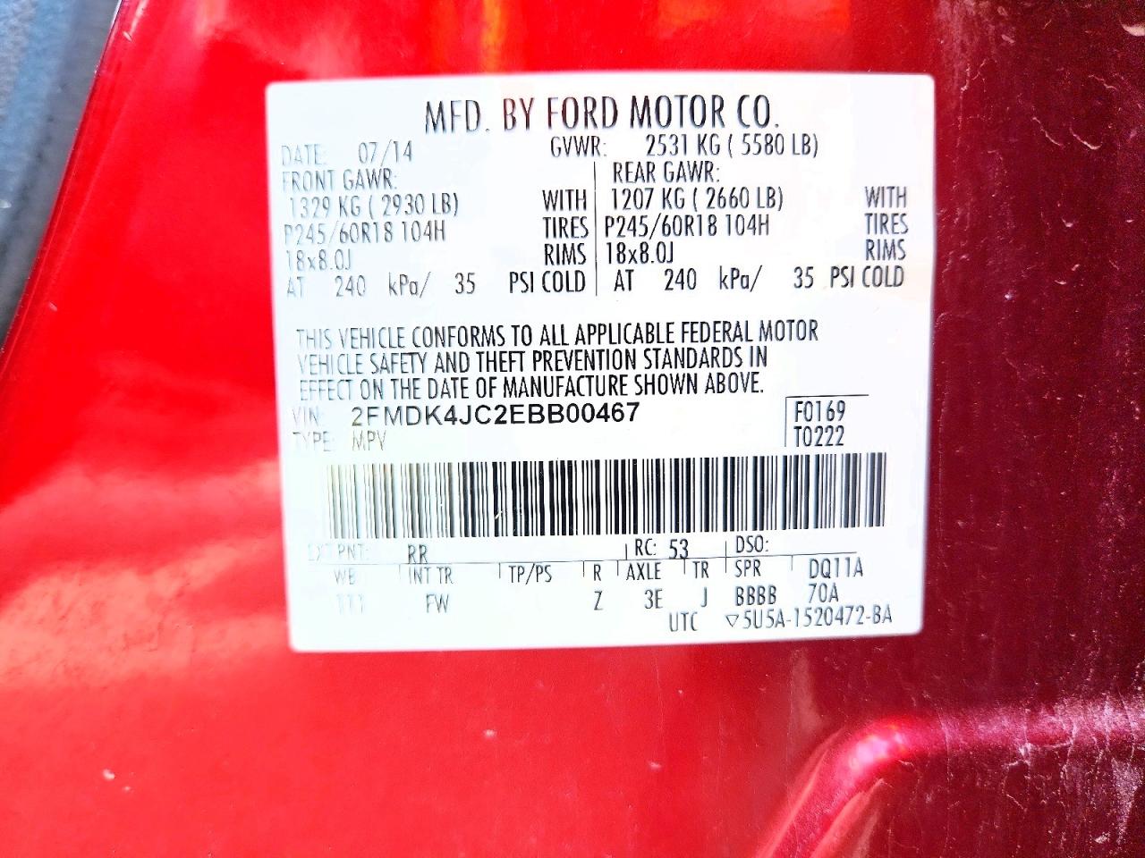 2014 Ford Edge Sel Red vin: 2FMDK4JC2EBB00467