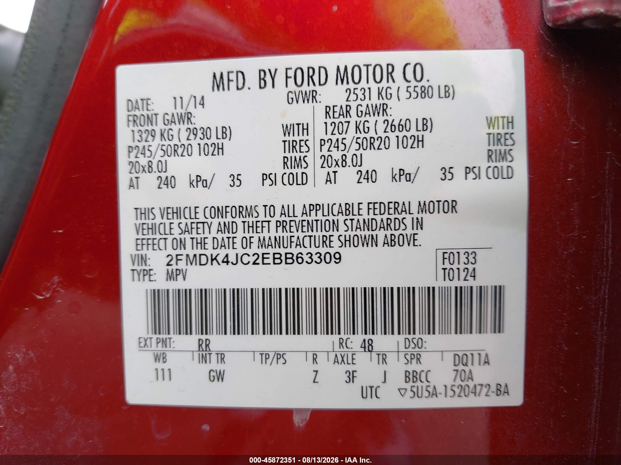 2014 Ford Edge Sel Red vin: 2FMDK4JC2EBB63309