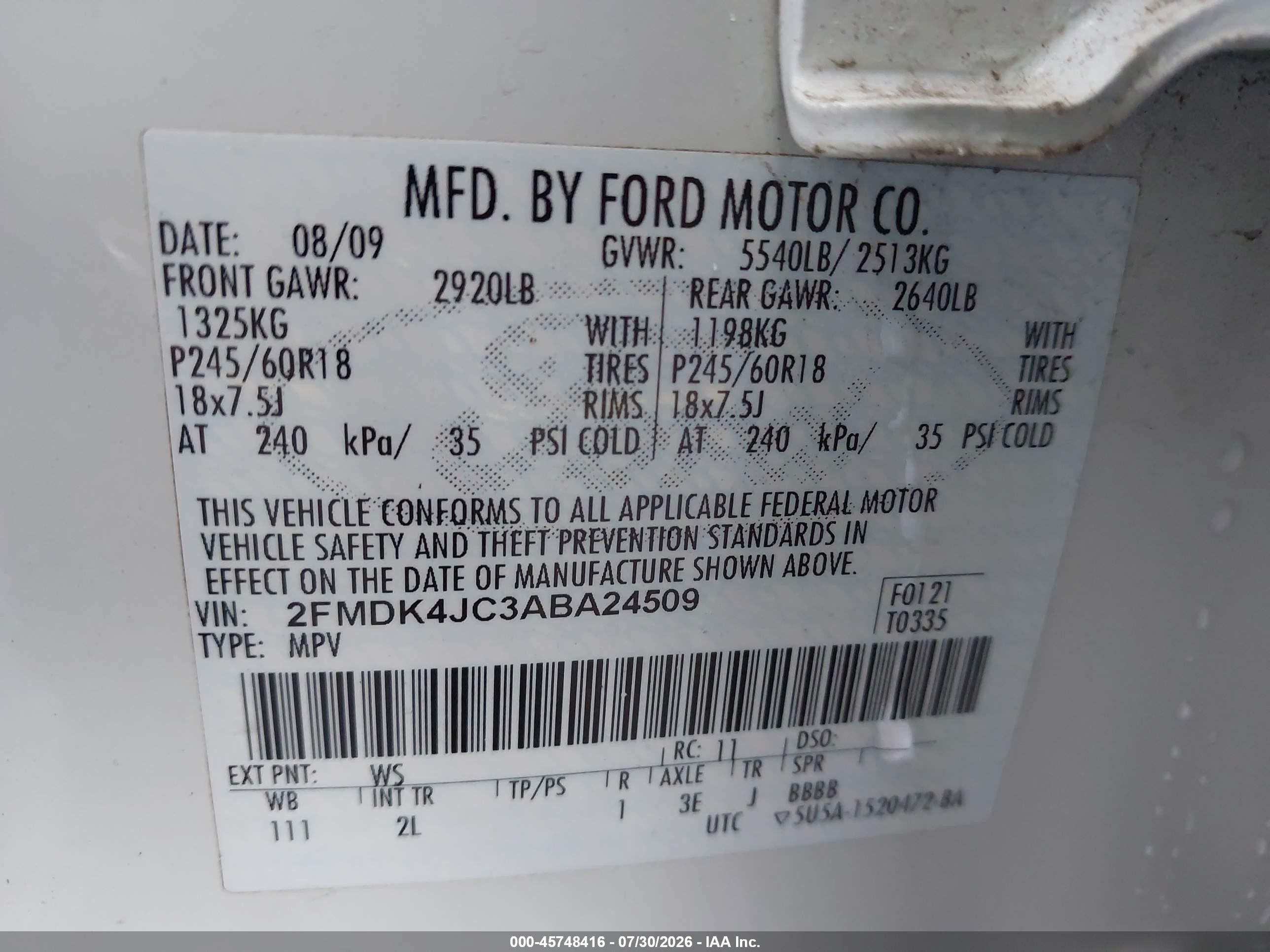 2010 Ford Edge Sel White vin: 2FMDK4JC3ABA24509