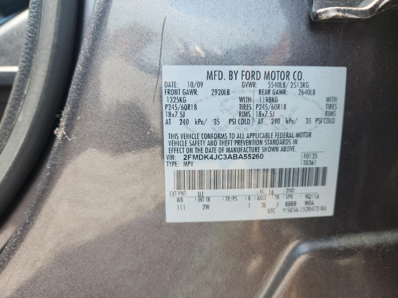 2010 Ford Edge Sel Charcoal vin: 2FMDK4JC3ABA55260