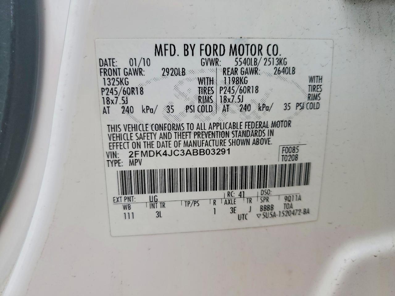 2010 Ford Edge Sel Белый vin: 2FMDK4JC3ABB03291
