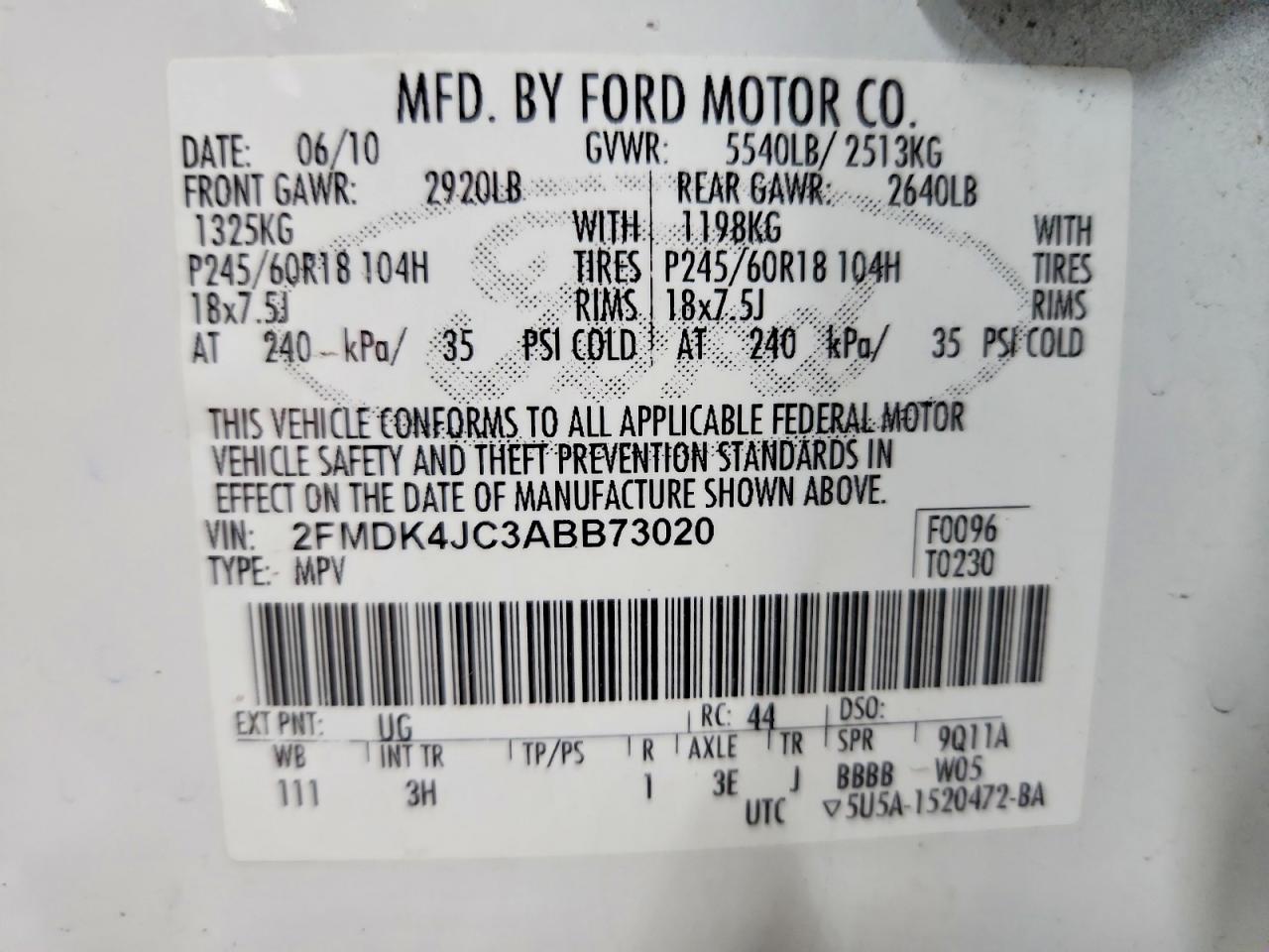 2010 Ford Edge Sel White vin: 2FMDK4JC3ABB73020