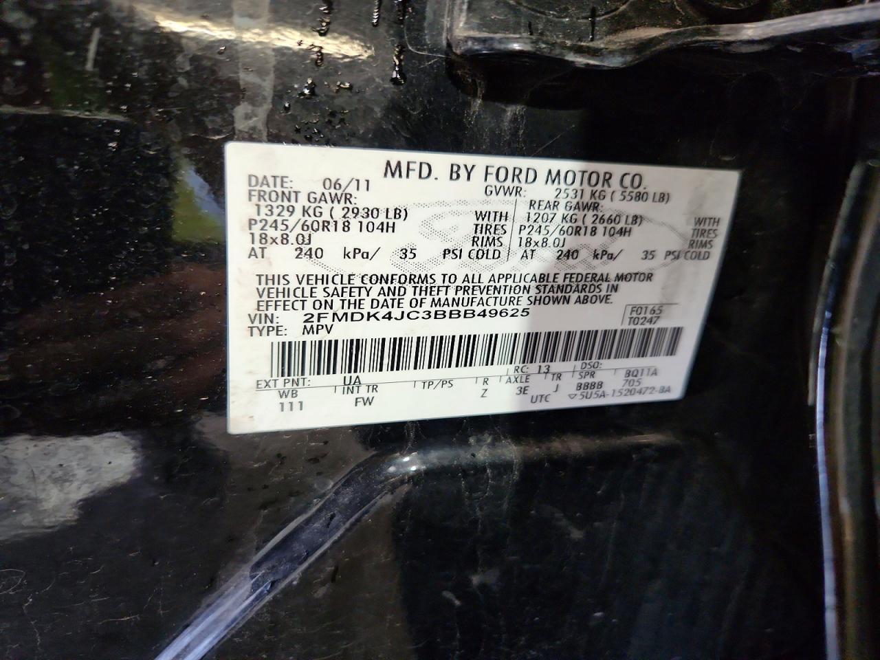 2011 Ford Edge Sel Black vin: 2FMDK4JC3BBB49625