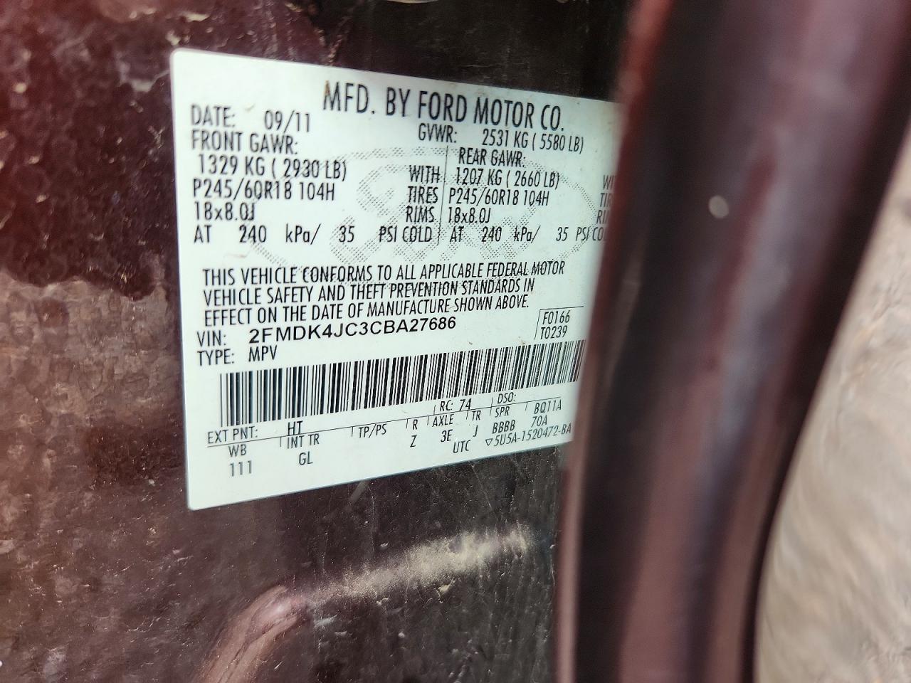2012 Ford Edge Sel Burgundy vin: 2FMDK4JC3CBA27686