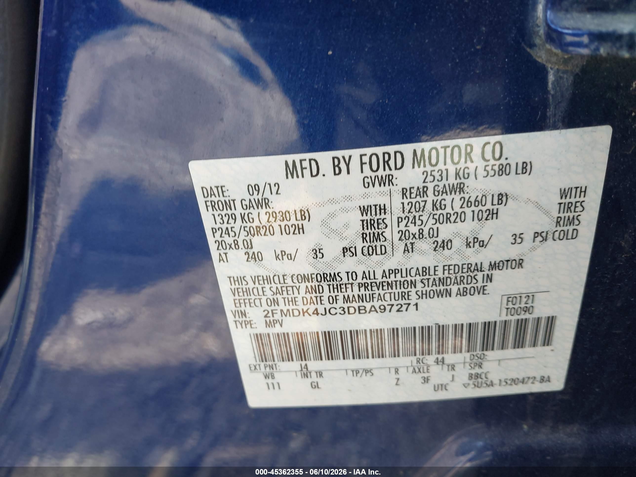 2013 Ford Edge Sel Blue vin: 2FMDK4JC3DBA97271