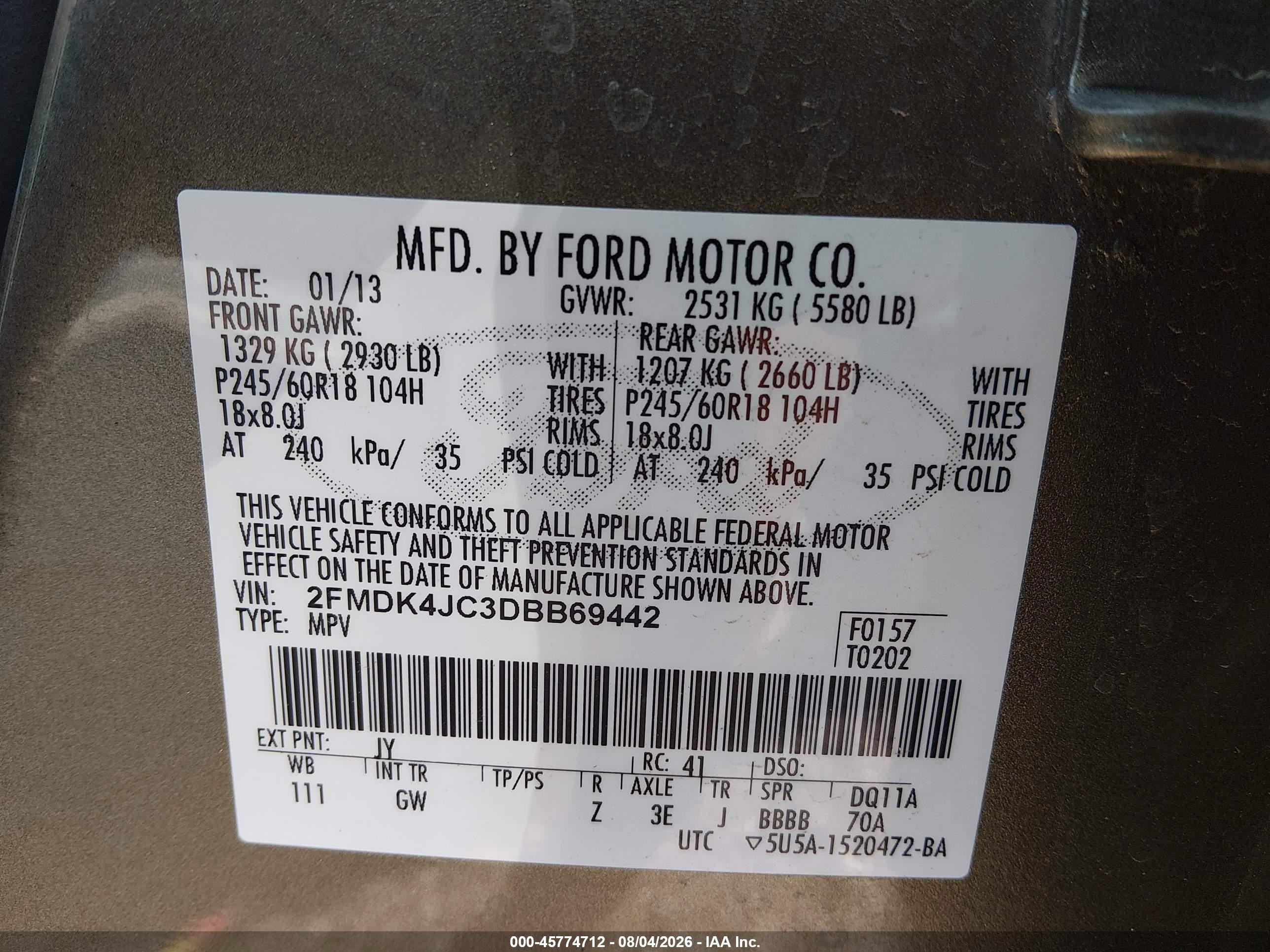 2013 Ford Edge Sel Gold vin: 2FMDK4JC3DBB69442