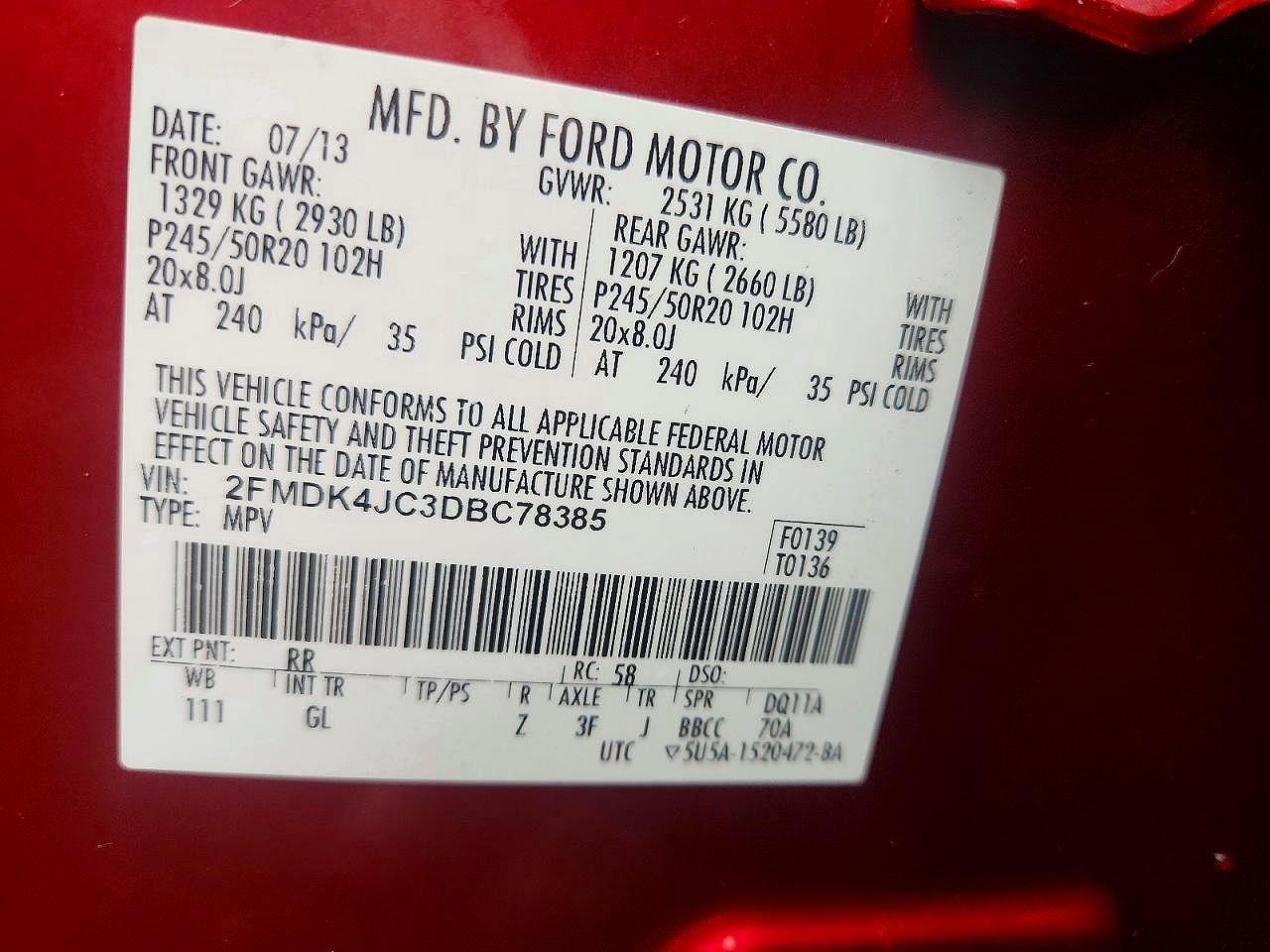 2013 Ford Edge Sel Red vin: 2FMDK4JC3DBC78385