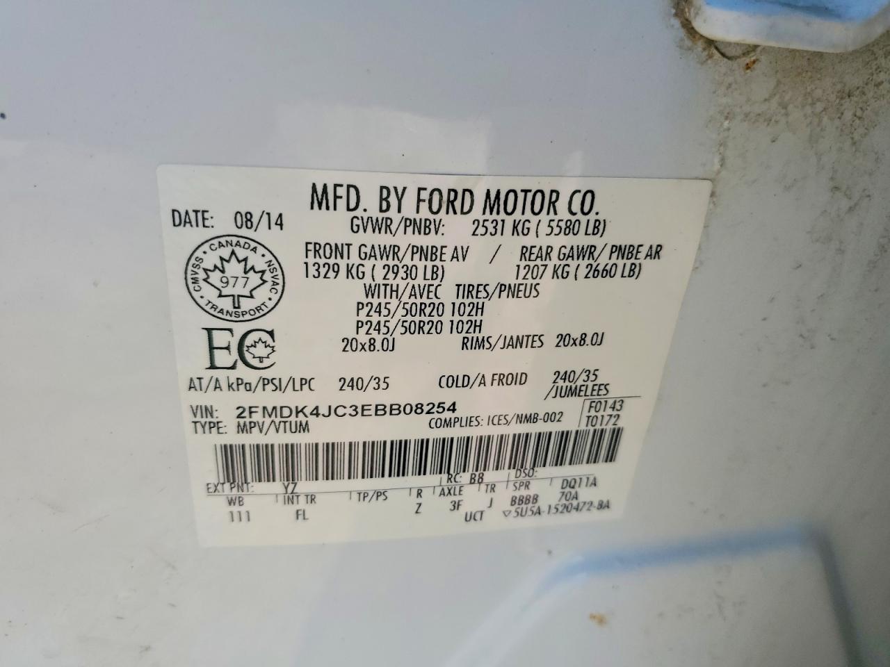2014 Ford Edge Sel White vin: 2FMDK4JC3EBB08254