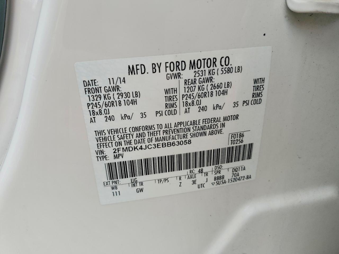 2014 Ford Edge Sel Белый vin: 2FMDK4JC3EBB63058