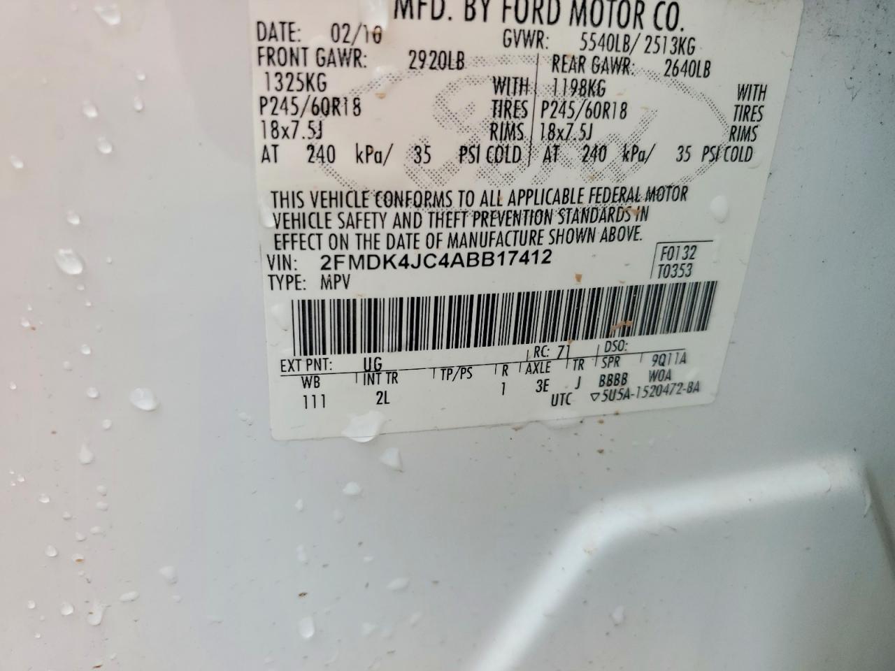 2010 Ford Edge Sel White vin: 2FMDK4JC4ABB17412