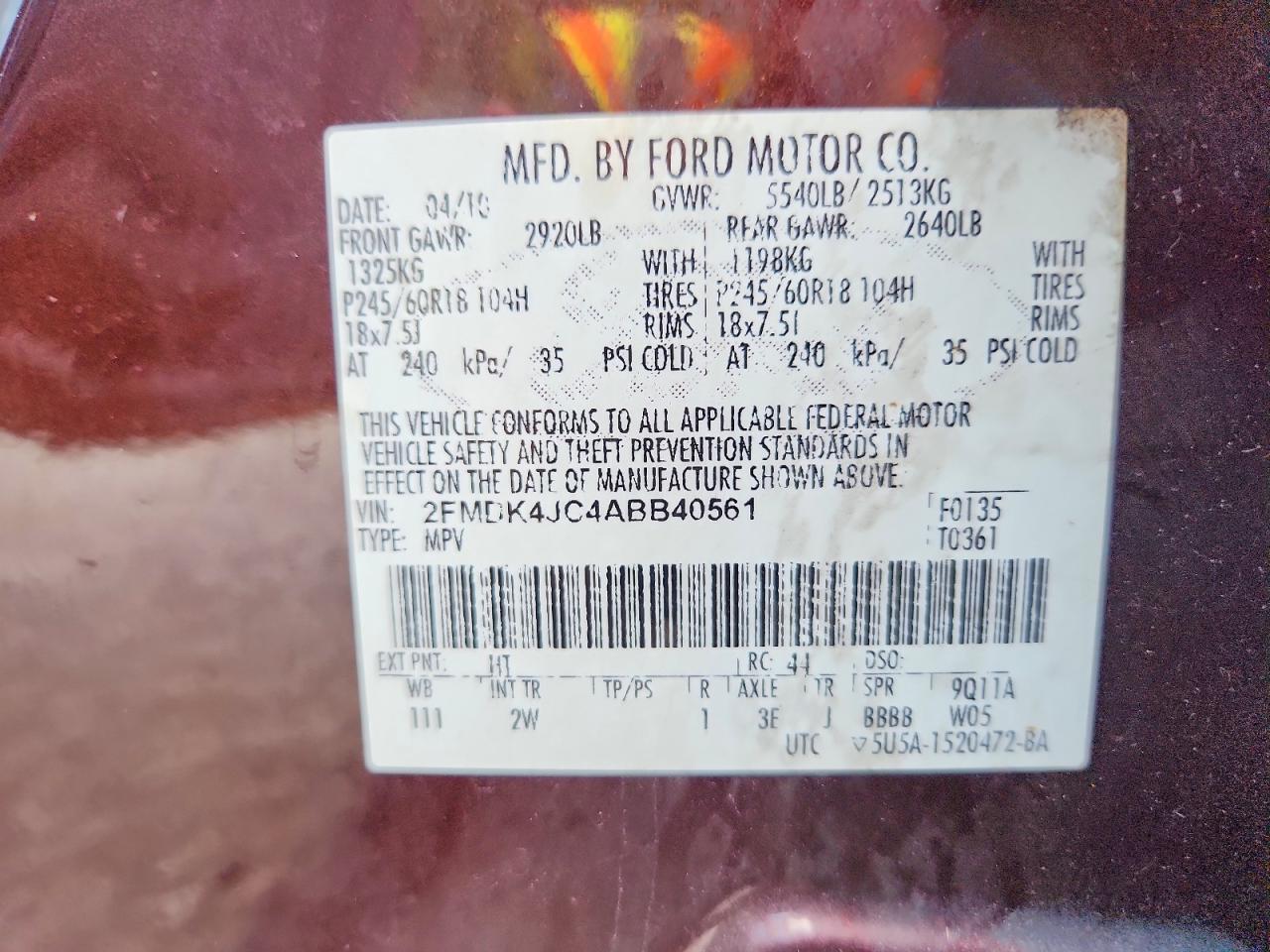 2010 Ford Edge Sel Burgundy vin: 2FMDK4JC4ABB40561