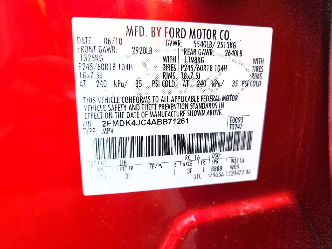 2010 Ford Edge Sel Red vin: 2FMDK4JC4ABB71261